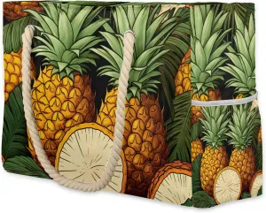 Pineapple Large Beach Tote Bag Women Waterproof Sandproof Zipper Fruit Pineapple Beach Bag for Pool Gym Grocery Travel with Wet Pocket