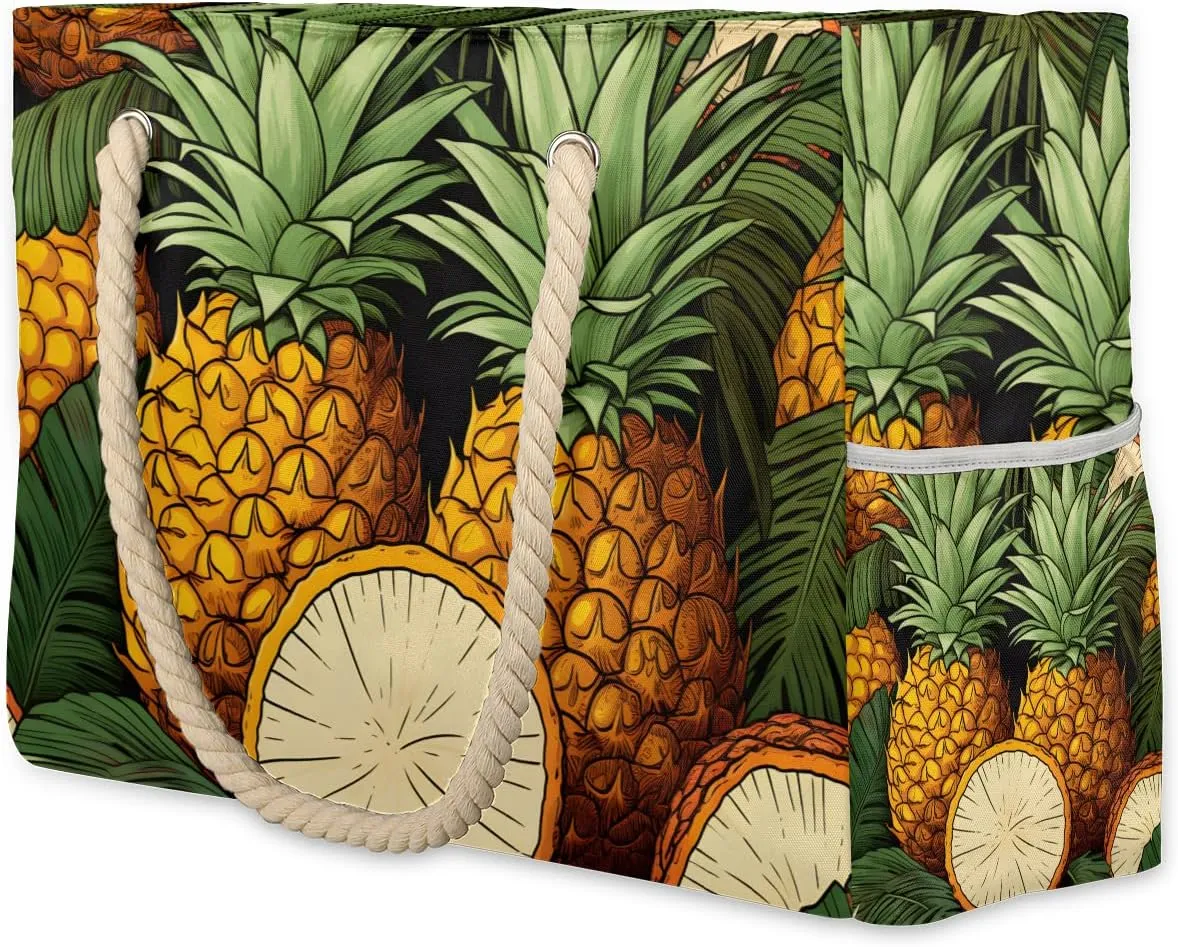 Pineapple Large Beach Tote Bag Women Waterproof Sandproof Zipper Fruit Pineapple Beach Bag for Pool Gym Grocery Travel with Wet Pocket