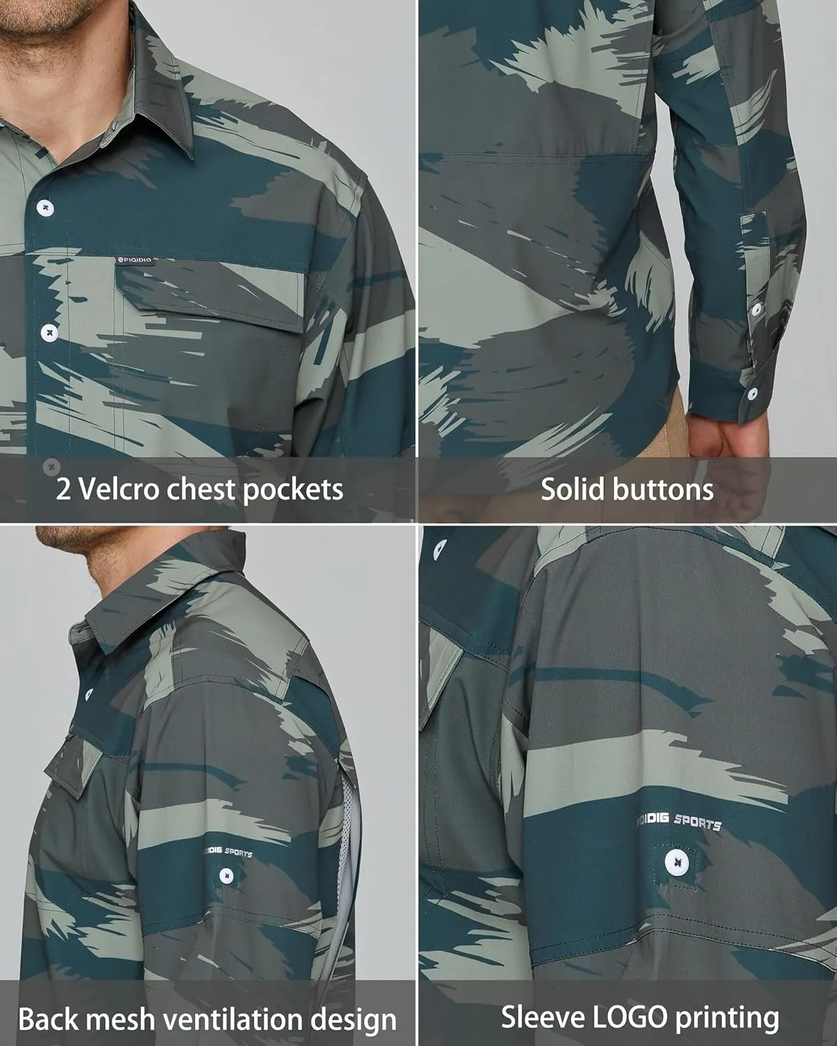 PIQIDIG Men's Long Sleeve Sun Protection Shirts UPF 50  Quick Dry Button Down Shirts Hiking Fishing Camping Travel Work