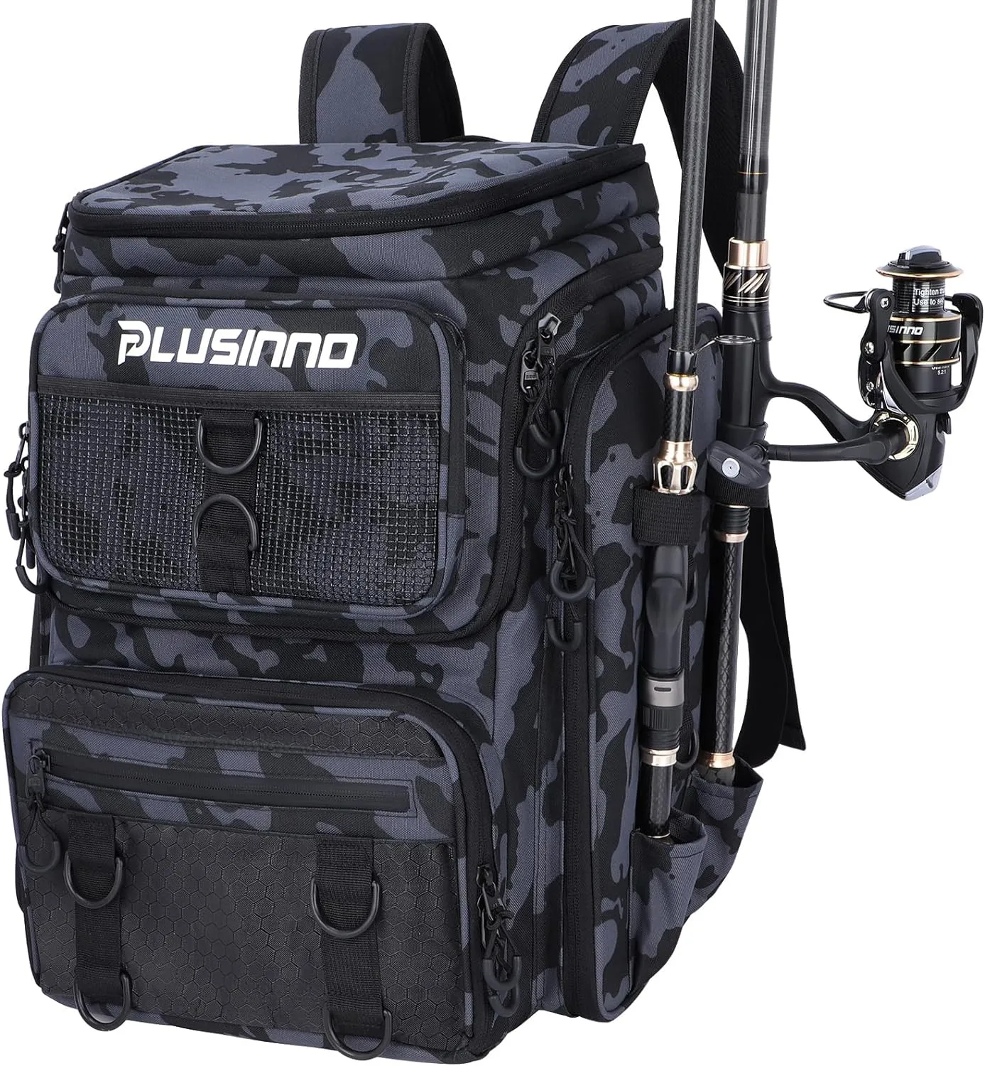 PLUSINNO Fishing Backpack with Rod Holders Tackle Box, 42L Large Water-resistant Fishing Tackle Bag Store Fishing Gear