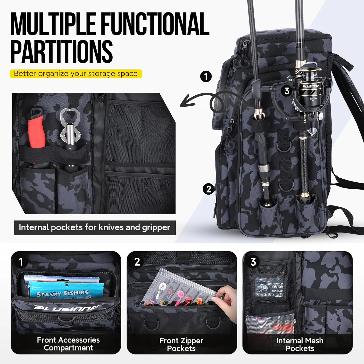 PLUSINNO Fishing Backpack with Rod Holders Tackle Box, 42L Large Water-resistant Fishing Tackle Bag Store Fishing Gear