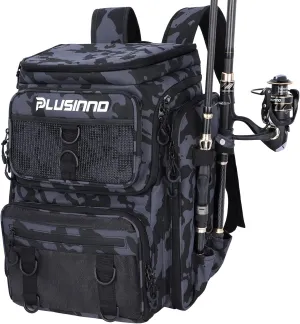PLUSINNO Fishing Backpack with Rod Holders Tackle Box, 42L Large Water-resistant Fishing Tackle Bag Store Fishing Gear