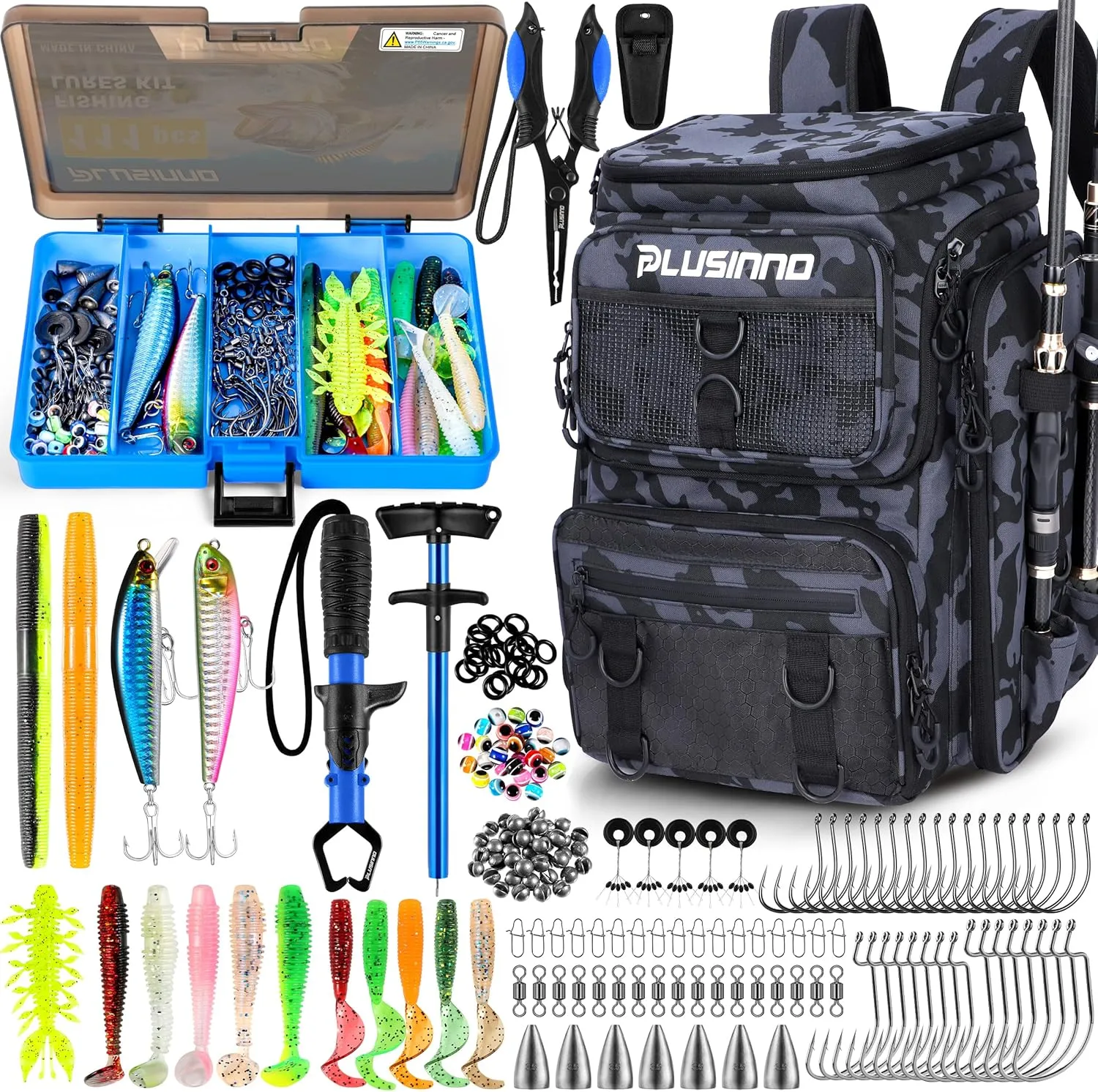 PLUSINNO Fishing Backpack with Tackle Boxes and Fishing Gear, 42L Waterproof Tackle Bag with Rod Holder, Fish Gifts for Men with Pliers, Fish Lip Gripper.