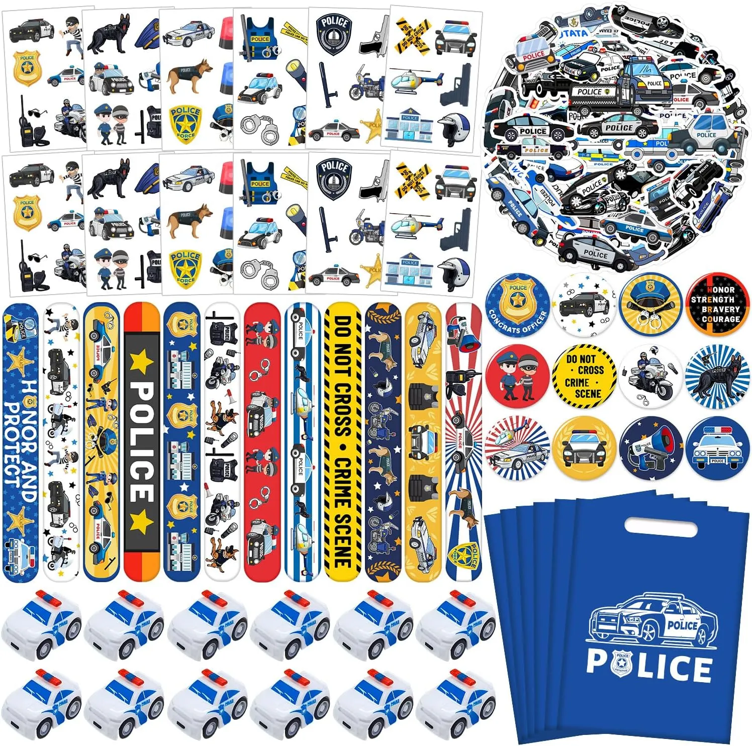 Police Party Favors Kit, Police Party Decorations, 72Pcs Temporary Tattoos, 12Pcs Police Officer Slap Bracelets, 50PCS Police Stickers,12Pcs Mini Police Toy Cars, 12Pcs button badge, 12Pcs Gift Bags