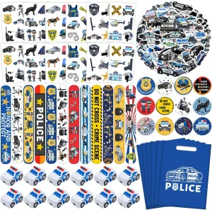 Police Party Favors Kit, Police Party Decorations, 72Pcs Temporary Tattoos, 12Pcs Police Officer Slap Bracelets, 50PCS Police Stickers,12Pcs Mini Police Toy Cars, 12Pcs button badge, 12Pcs Gift Bags