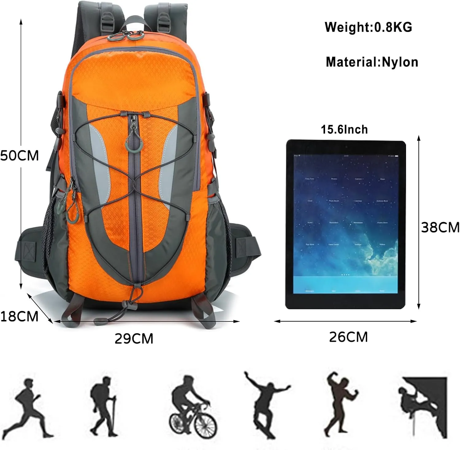 PORRASSO 30L Hiking Backpack Waterproof Rucksack Trekking Daypack Durable Backpack for Women Men Camping Climbing Travel Outdoor Sports Orange