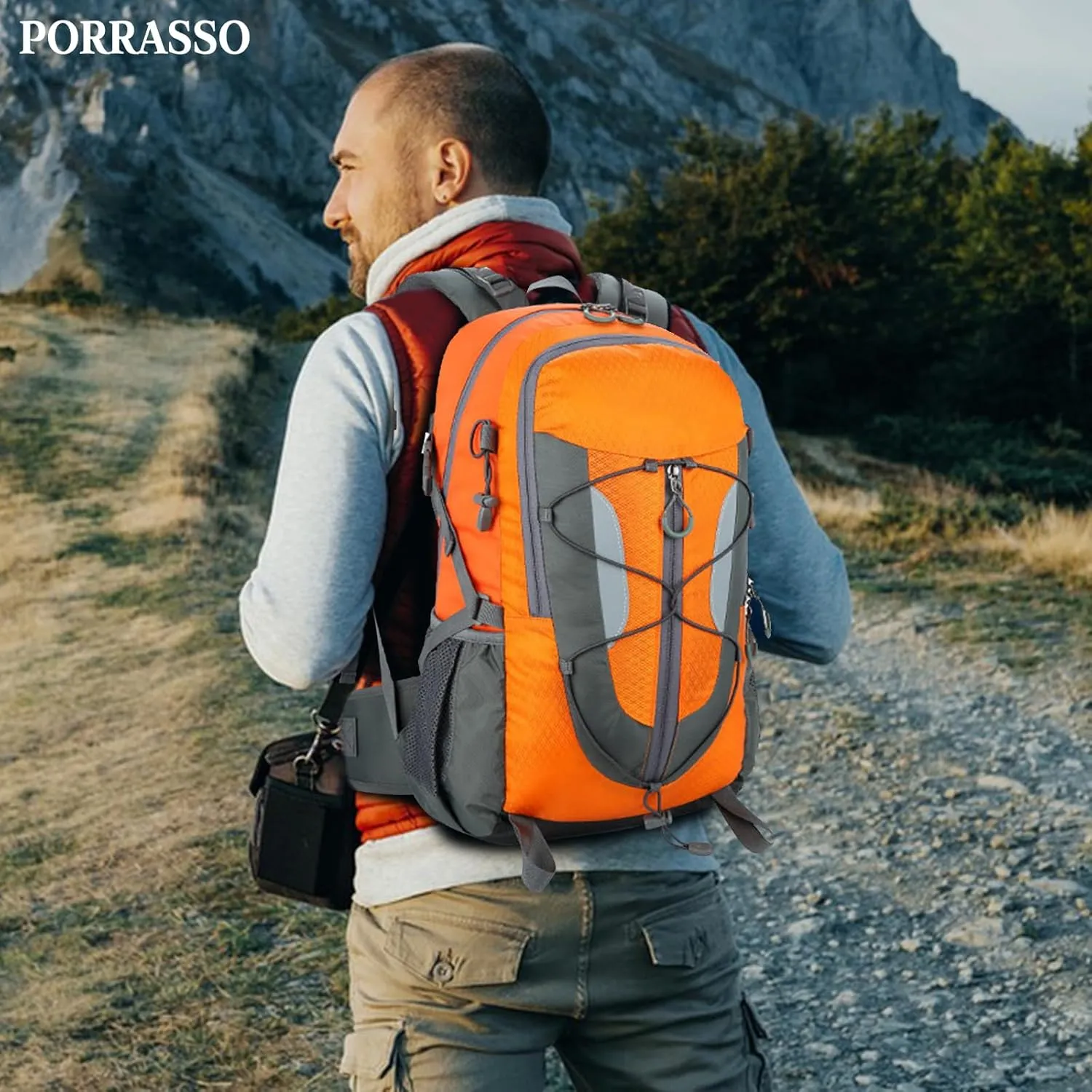 PORRASSO 30L Hiking Backpack Waterproof Rucksack Trekking Daypack Durable Backpack for Women Men Camping Climbing Travel Outdoor Sports Orange