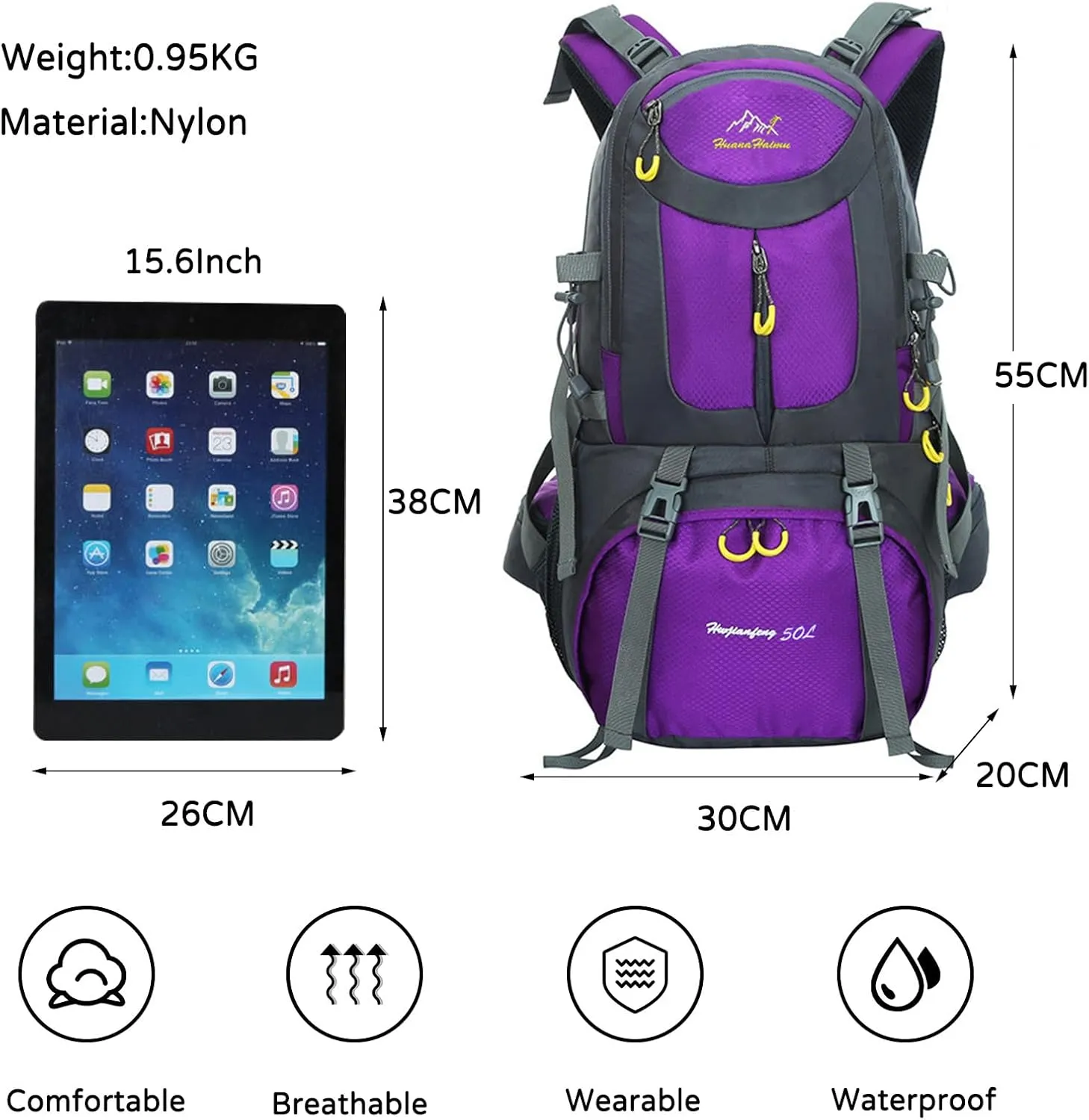 PORRASSO 50L Hiking Backpack Trekking Rucksack Waterproof Daypack Durable Backpack for Women Men Camping Cycling Climbing Outdoor Sports Purple