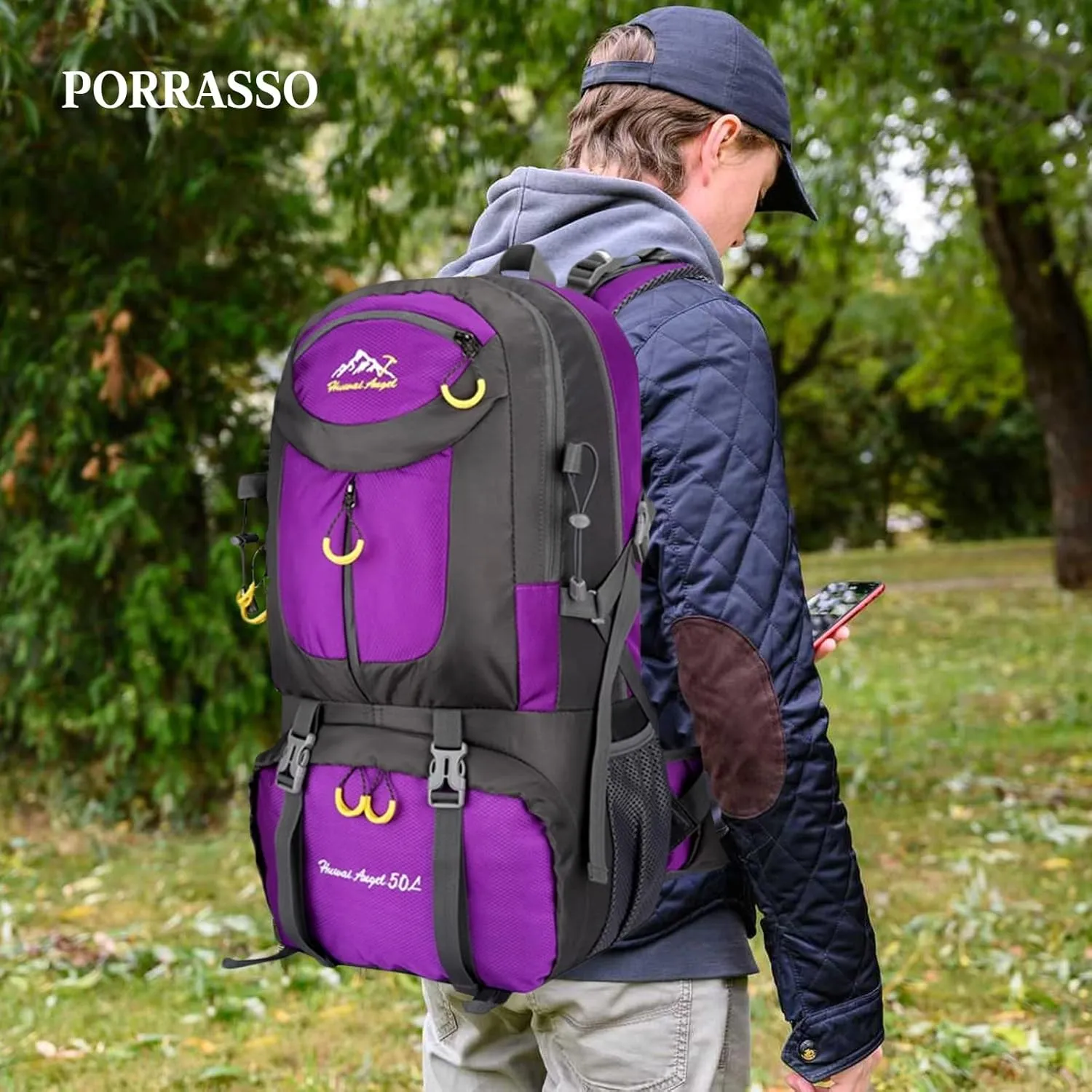 PORRASSO 50L Hiking Backpack Trekking Rucksack Waterproof Daypack Durable Backpack for Women Men Camping Cycling Climbing Outdoor Sports Purple