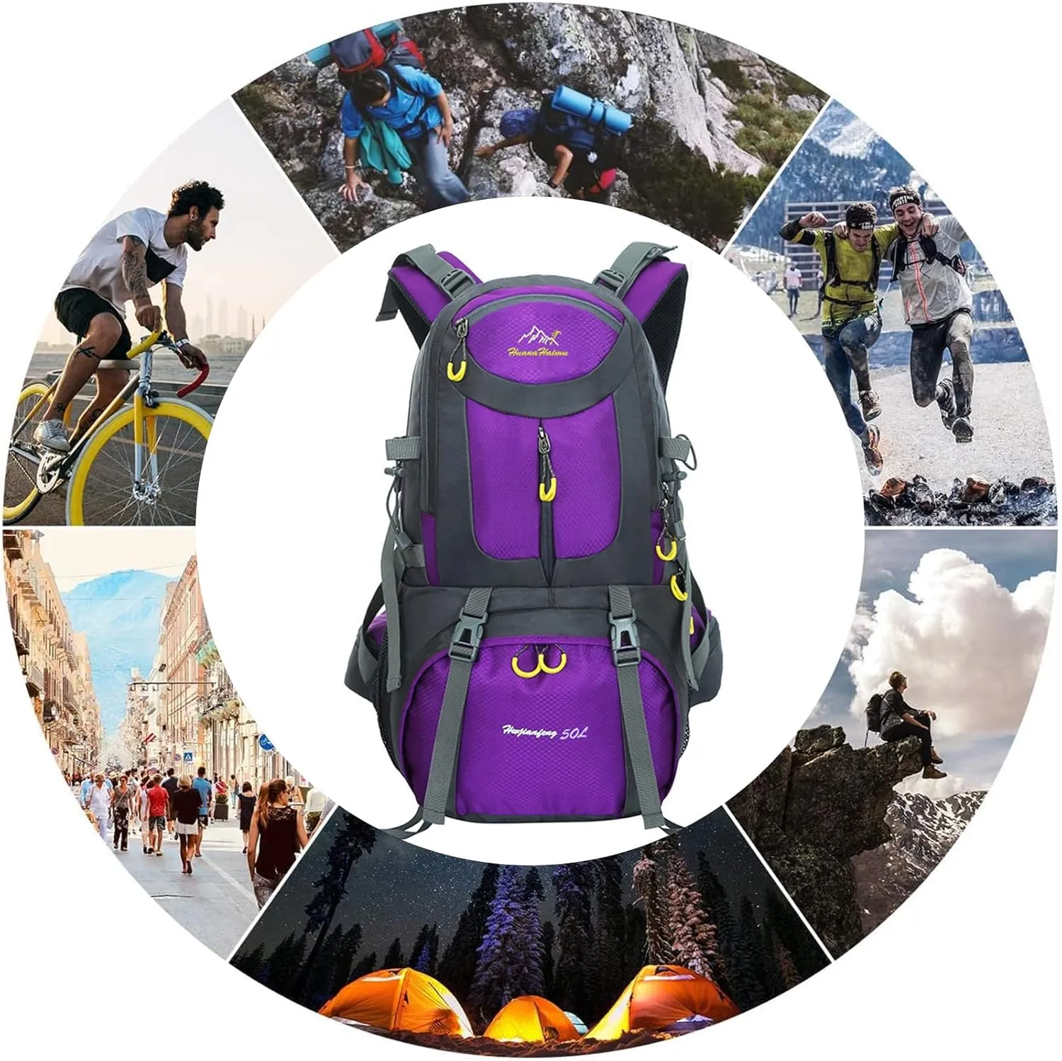 PORRASSO 50L Hiking Backpack Trekking Rucksack Waterproof Daypack Durable Backpack for Women Men Camping Cycling Climbing Outdoor Sports Purple