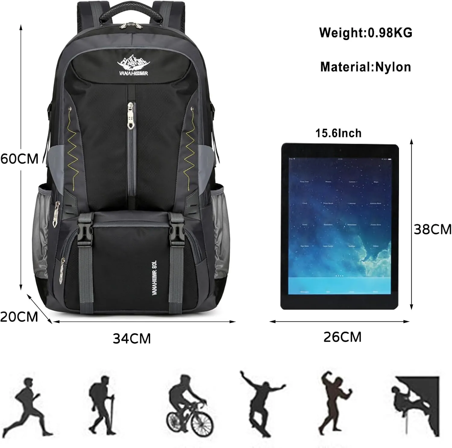 PORRASSO 60L Hiking Backpack Trekking Rucksack Waterproof Daypack Durable Backpack for Women Men Camping Climbing Travel Outdoor Sports Black