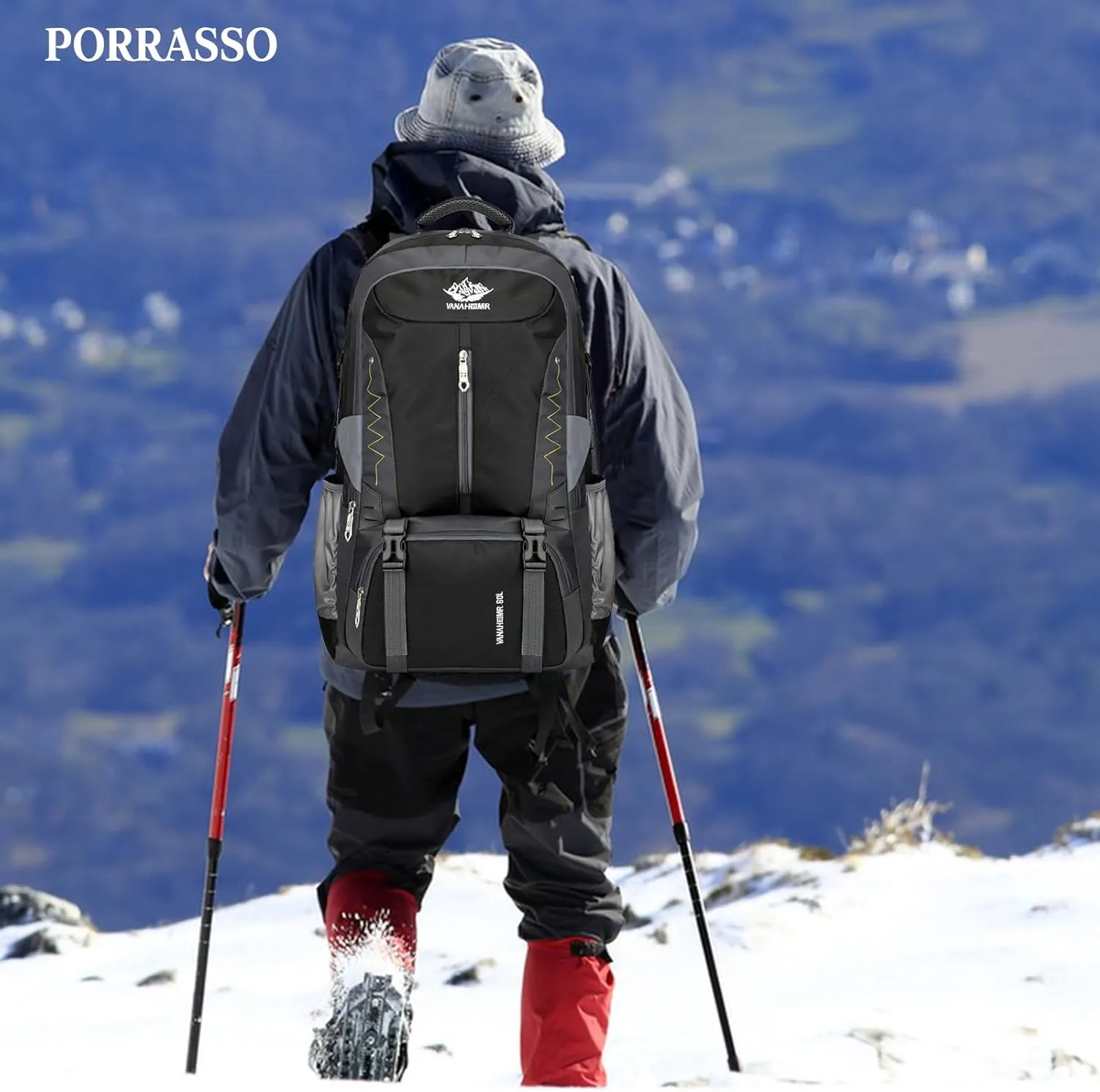 PORRASSO 60L Hiking Backpack Trekking Rucksack Waterproof Daypack Durable Backpack for Women Men Camping Climbing Travel Outdoor Sports Black