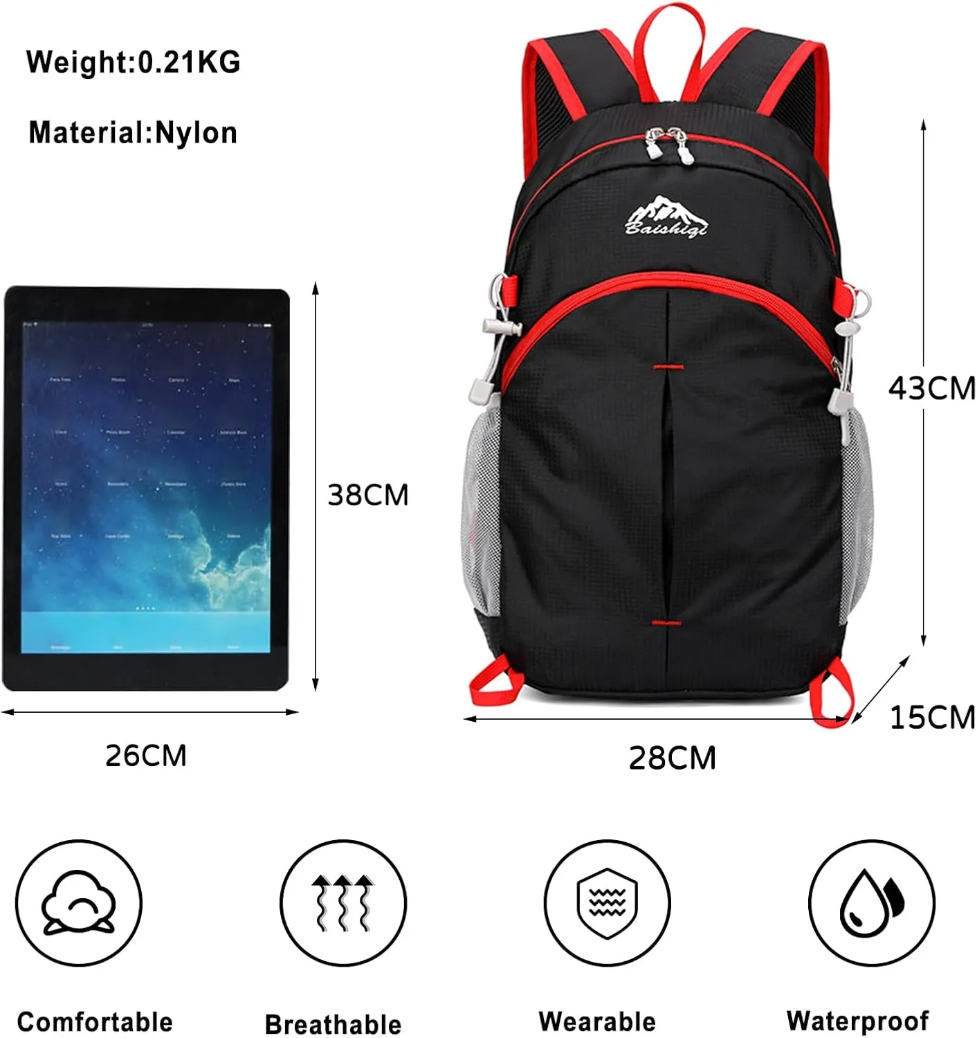 PORRASSO Foldable Backpack Hiking Daypack 20L Rucksack Lightweight Waterproof Backpack for Women Men Camping Travel Outdoor Sports Black