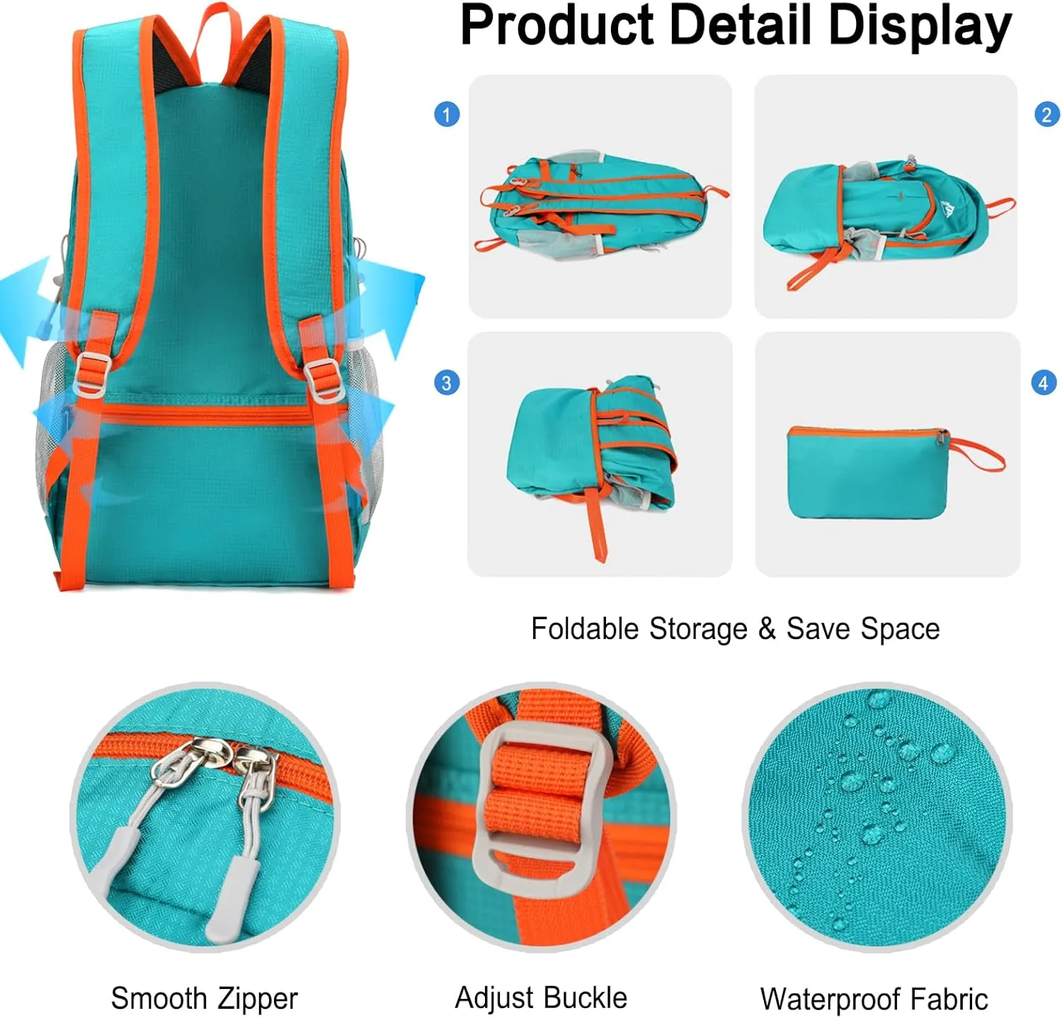 PORRASSO Foldable Backpack Hiking Daypack 20L Rucksack Lightweight Waterproof Backpack for Women Men Camping Travel Outdoor Sports Blue