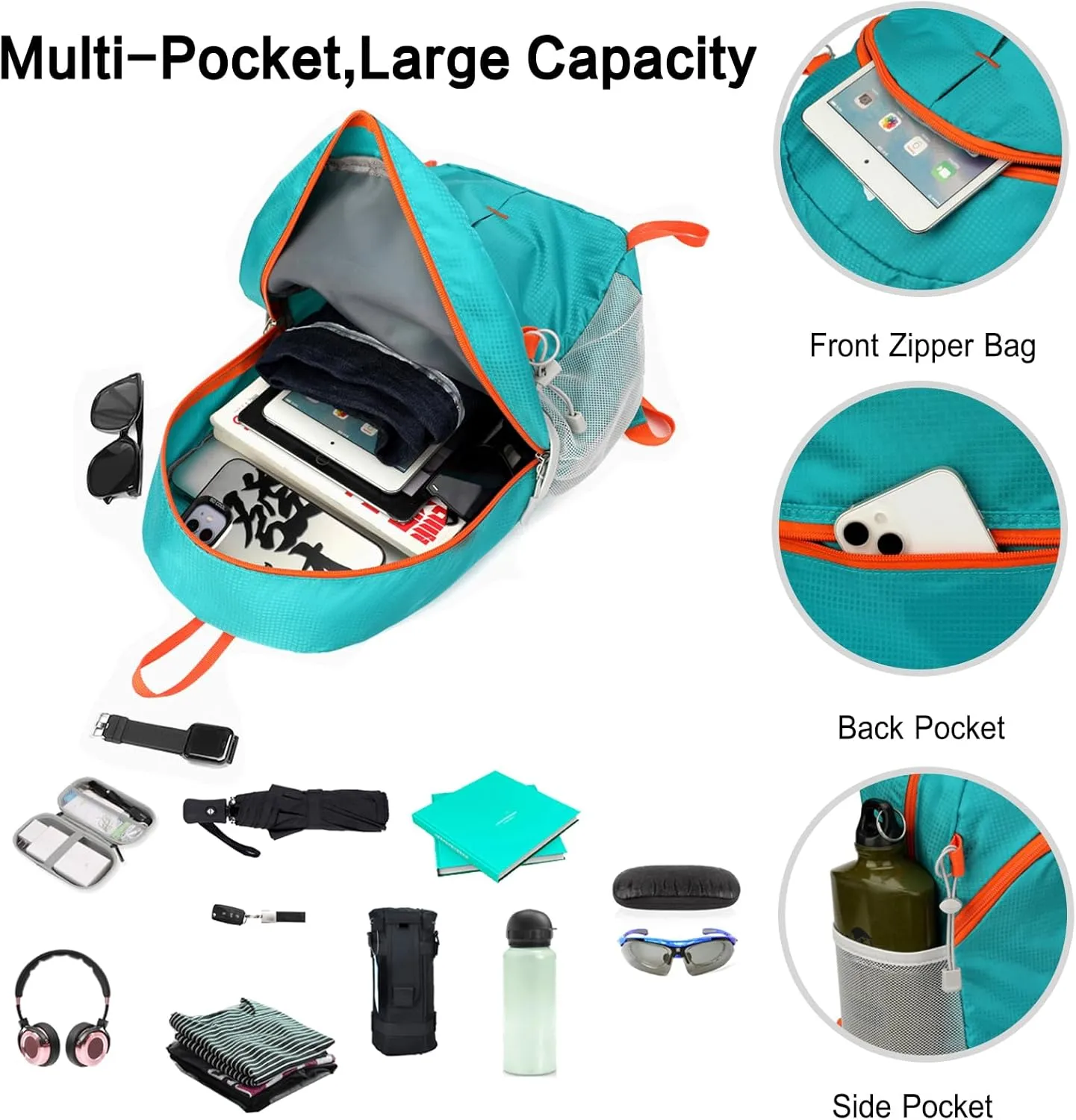 PORRASSO Foldable Backpack Hiking Daypack 20L Rucksack Lightweight Waterproof Backpack for Women Men Camping Travel Outdoor Sports Blue