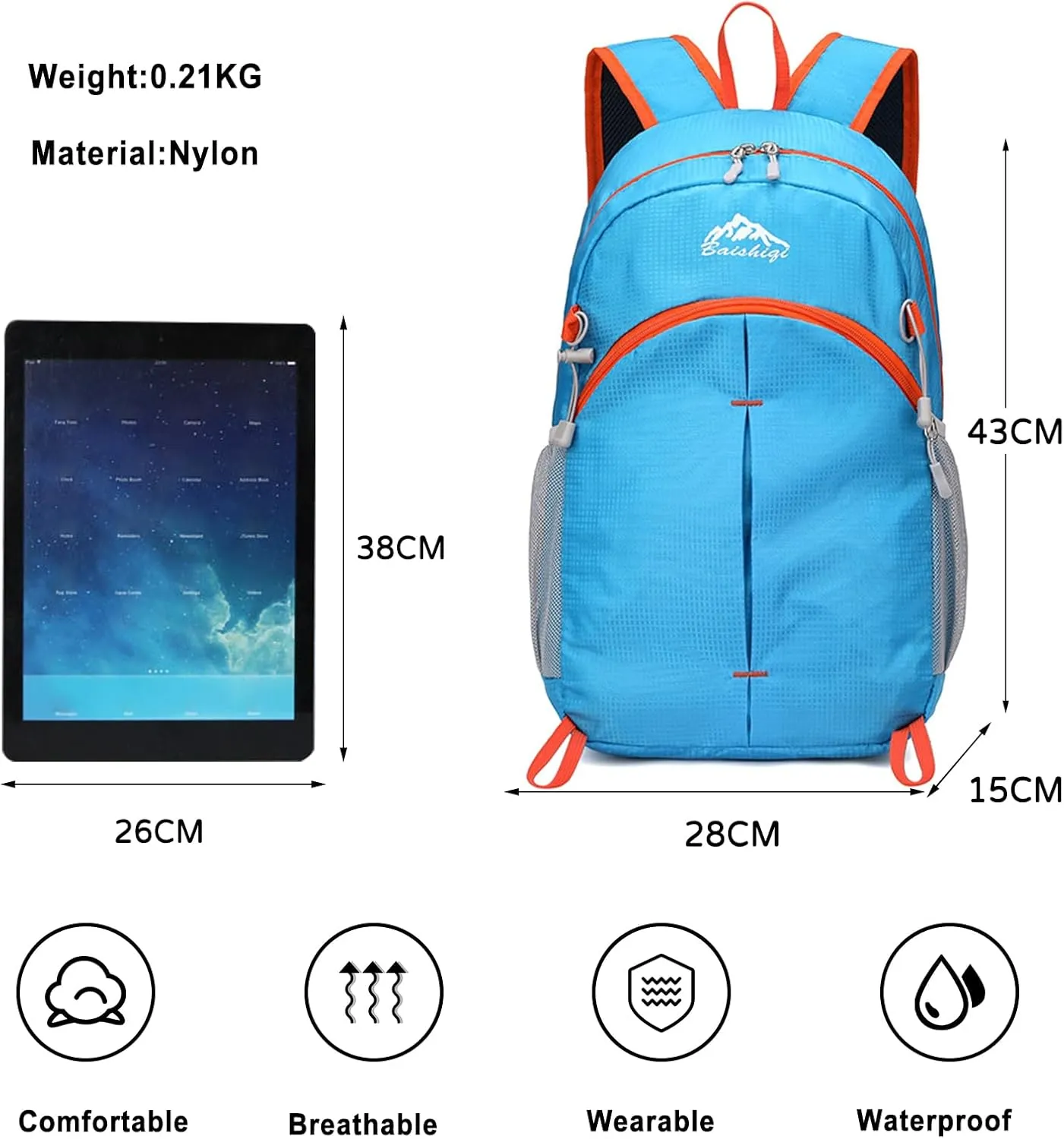 PORRASSO Foldable Backpack Hiking Daypack 20L Rucksack Lightweight Waterproof Backpack for Women Men Camping Travel Outdoor Sports Blue