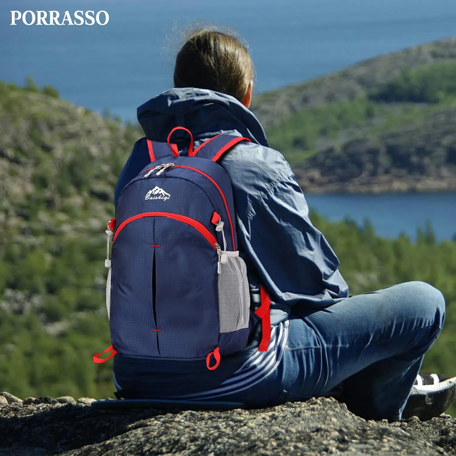 PORRASSO Foldable Backpack Hiking Daypack 20L Rucksack Lightweight Waterproof Backpack for Women Men Camping Travel Outdoor Sports Dark Blue