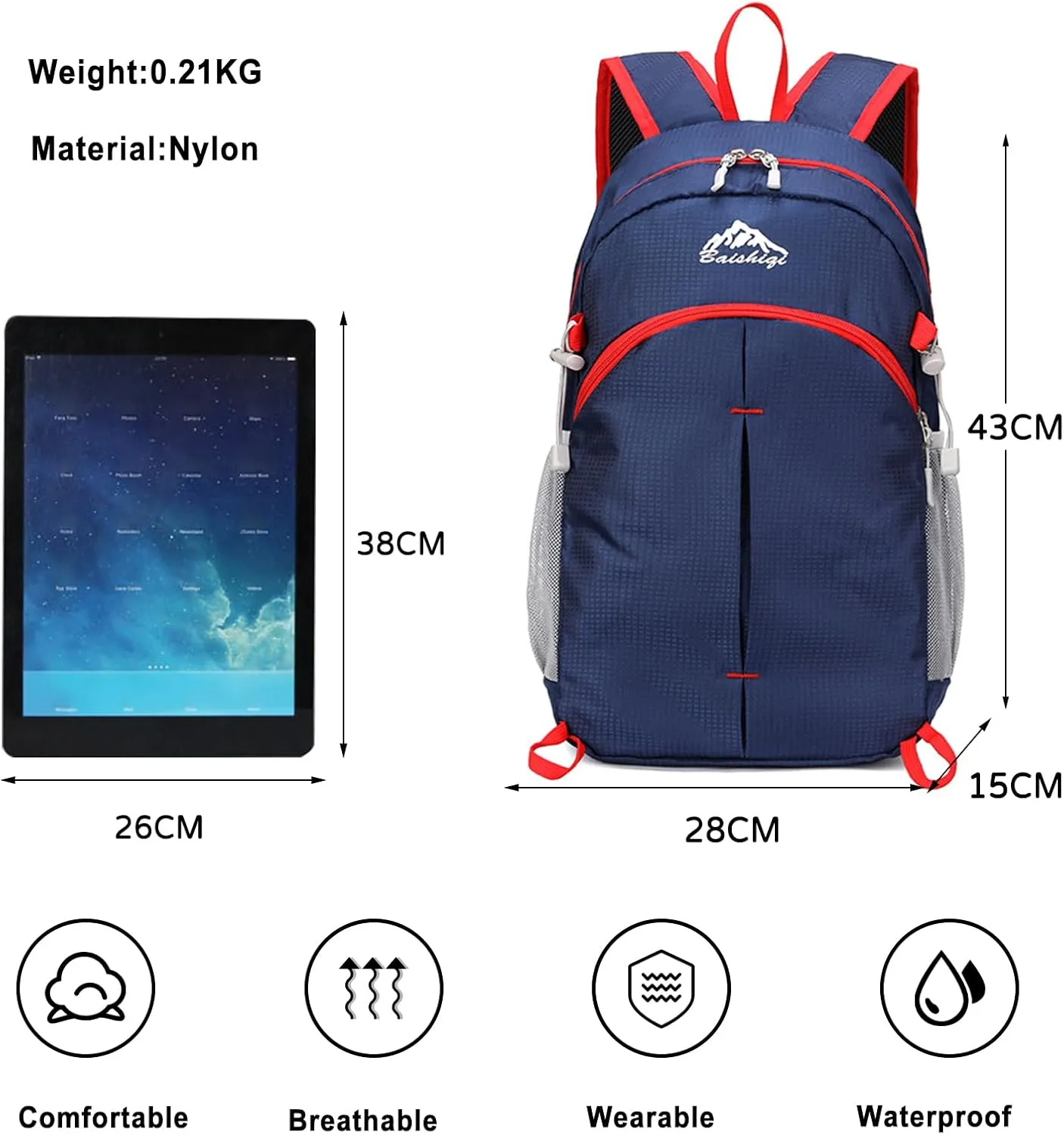 PORRASSO Foldable Backpack Hiking Daypack 20L Rucksack Lightweight Waterproof Backpack for Women Men Camping Travel Outdoor Sports Dark Blue