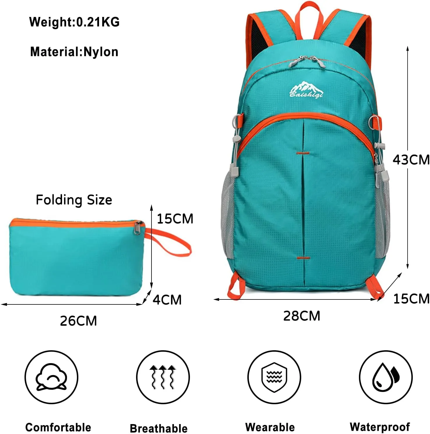 PORRASSO Foldable Backpack Hiking Daypack 20L Rucksack Lightweight Waterproof Backpack for Women Men Camping Travel Outdoor Sports Green
