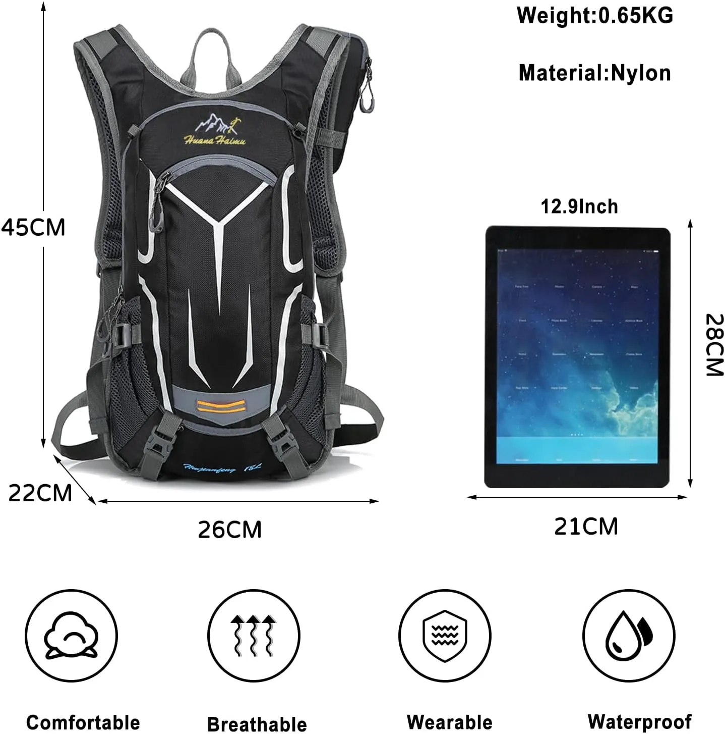 PORRASSO Hiking Backpack 19L Rucksack Breathable Daypack Lightweight Backpack Hydration Pack for Women Men Camping Trekking Cycling Climbing Outdoor Sports Black