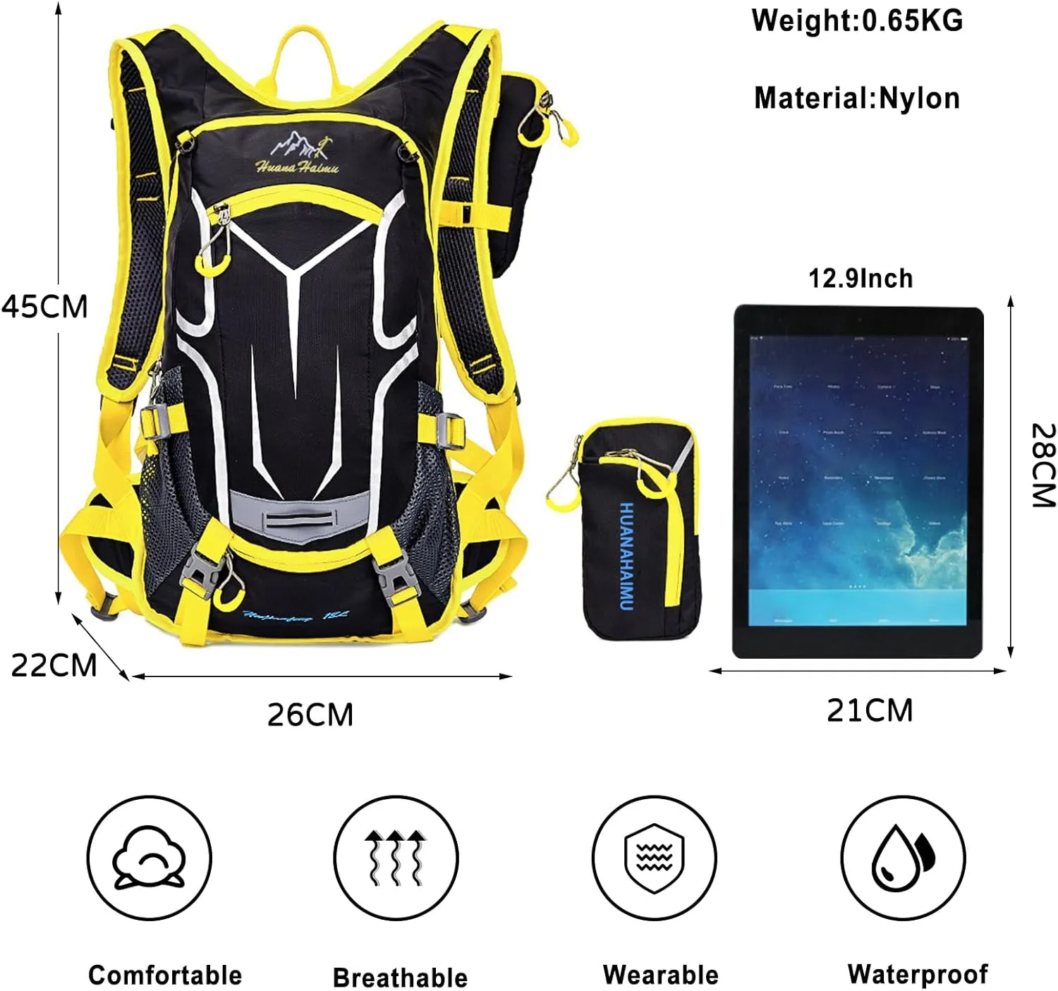 PORRASSO Hiking Backpack 19L Rucksack Breathable Daypack Lightweight Backpack Hydration Pack for Women Men Camping Trekking Cycling Climbing Outdoor Sports Yellow