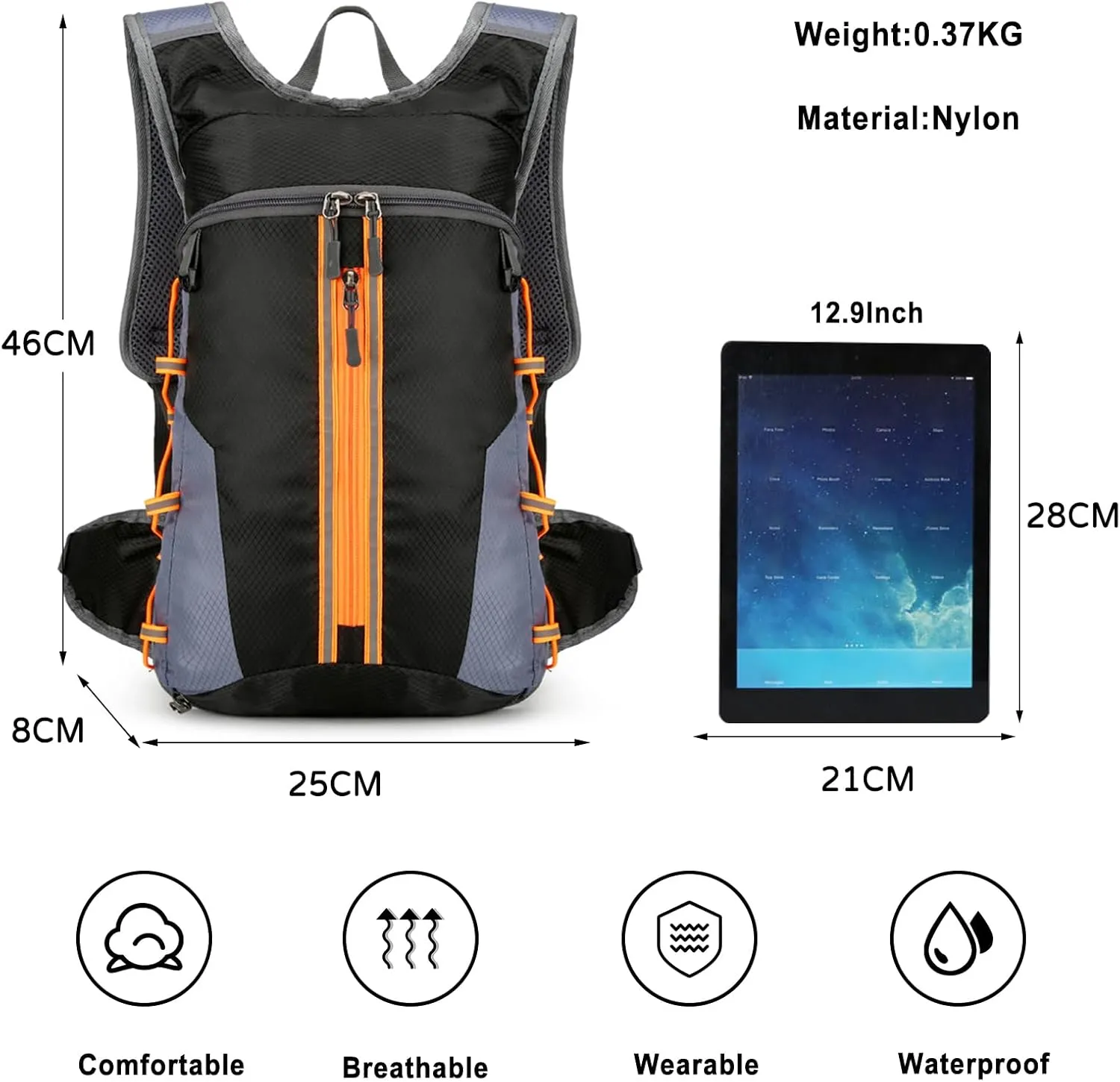 PORRASSO Hiking Backpack 20L Rucksack Breathable Daypack Lightweight Cycling Backpack Hydration Pack for Women Men Camping Trekking Climbing Outdoor Sports Orange