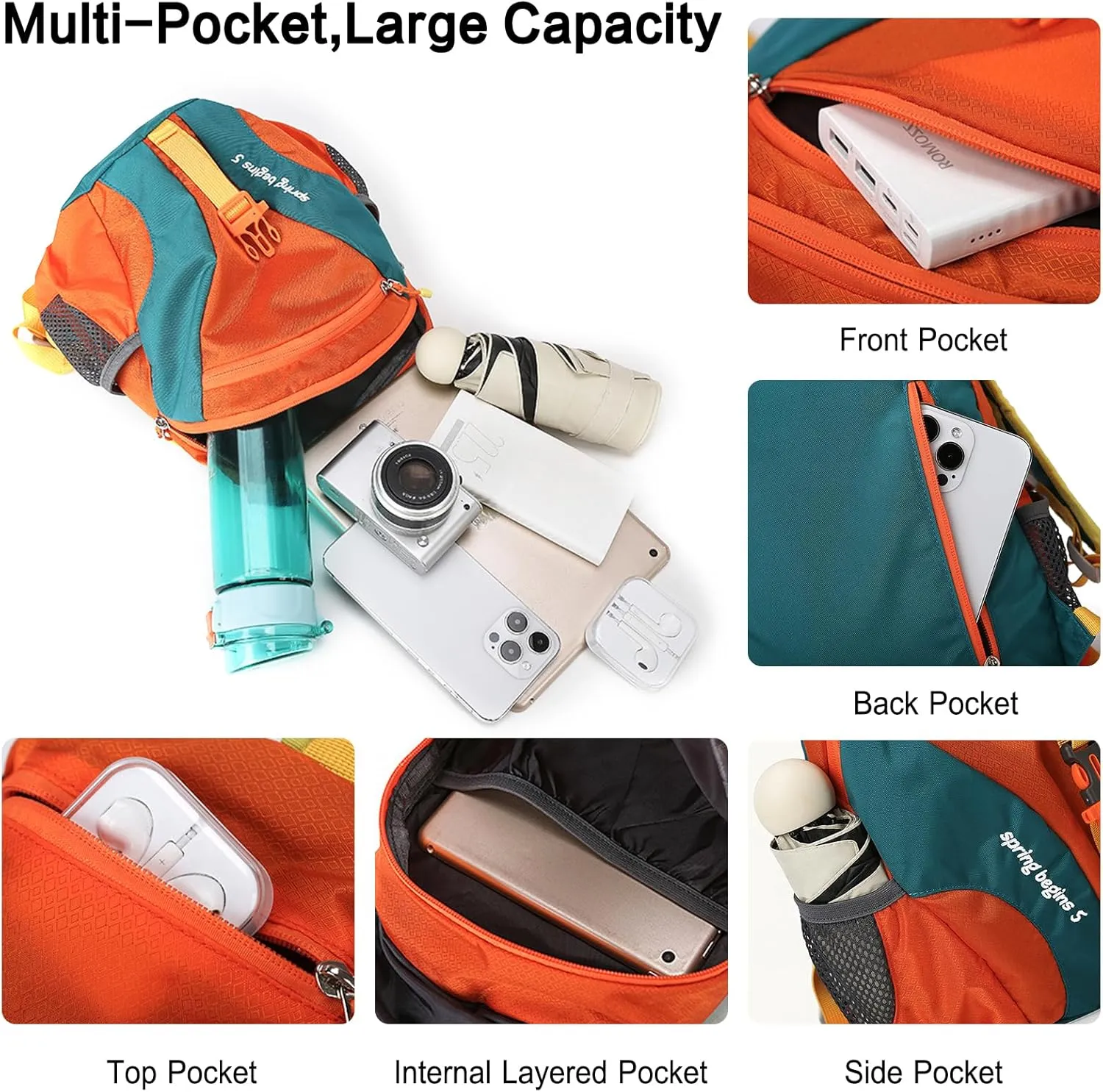 PORRASSO Hiking Backpack 5L Daypack Rucksack Lightweight Waterproof Women Men Backpack for Camping Daily Use Orange