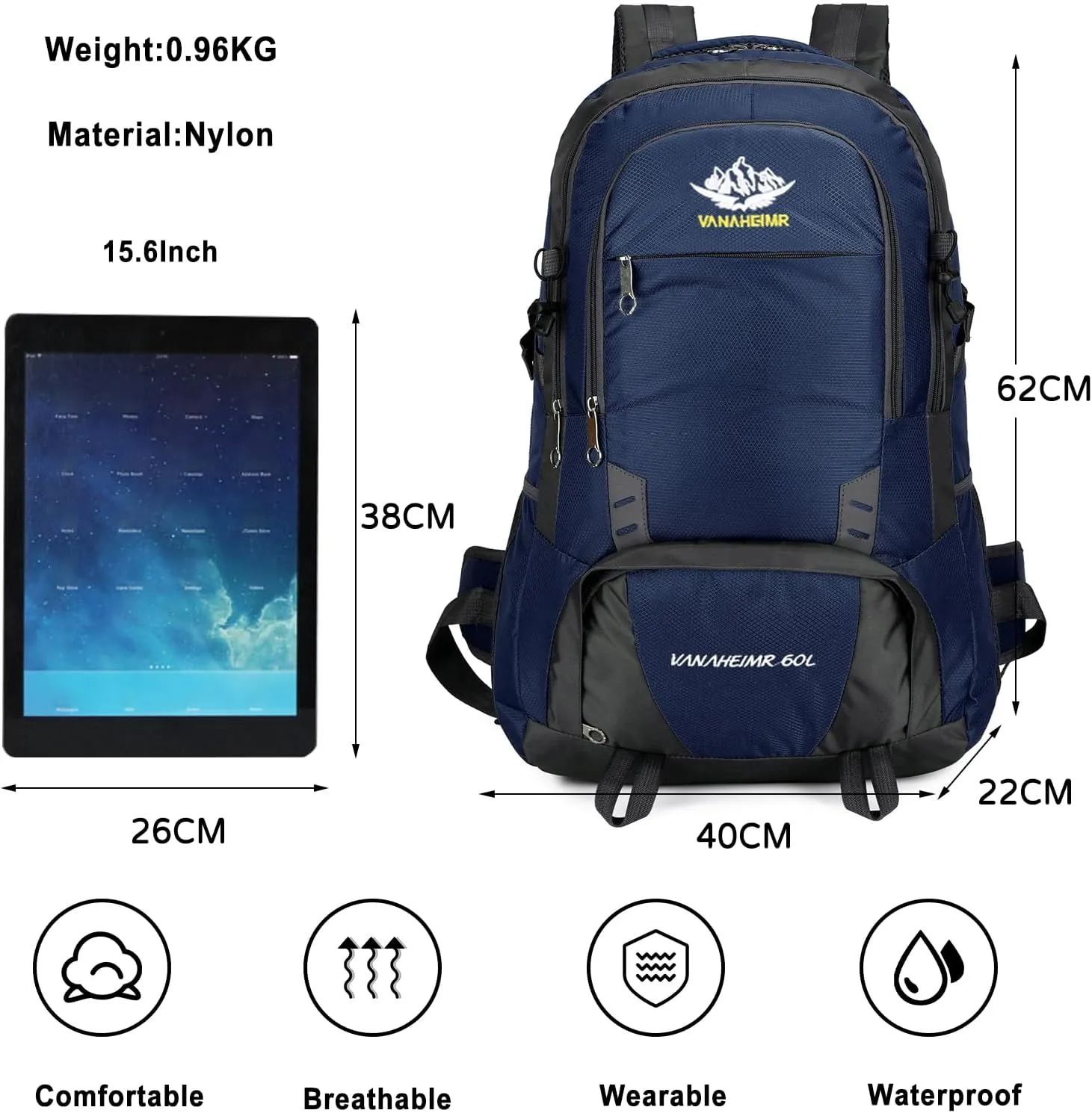 PORRASSO Hiking Backpack 60L Trekking Rucksack Waterproof Daypack Durable Backpack for Women Men Camping Climbing Travel Outdoor Sports Dark Blue