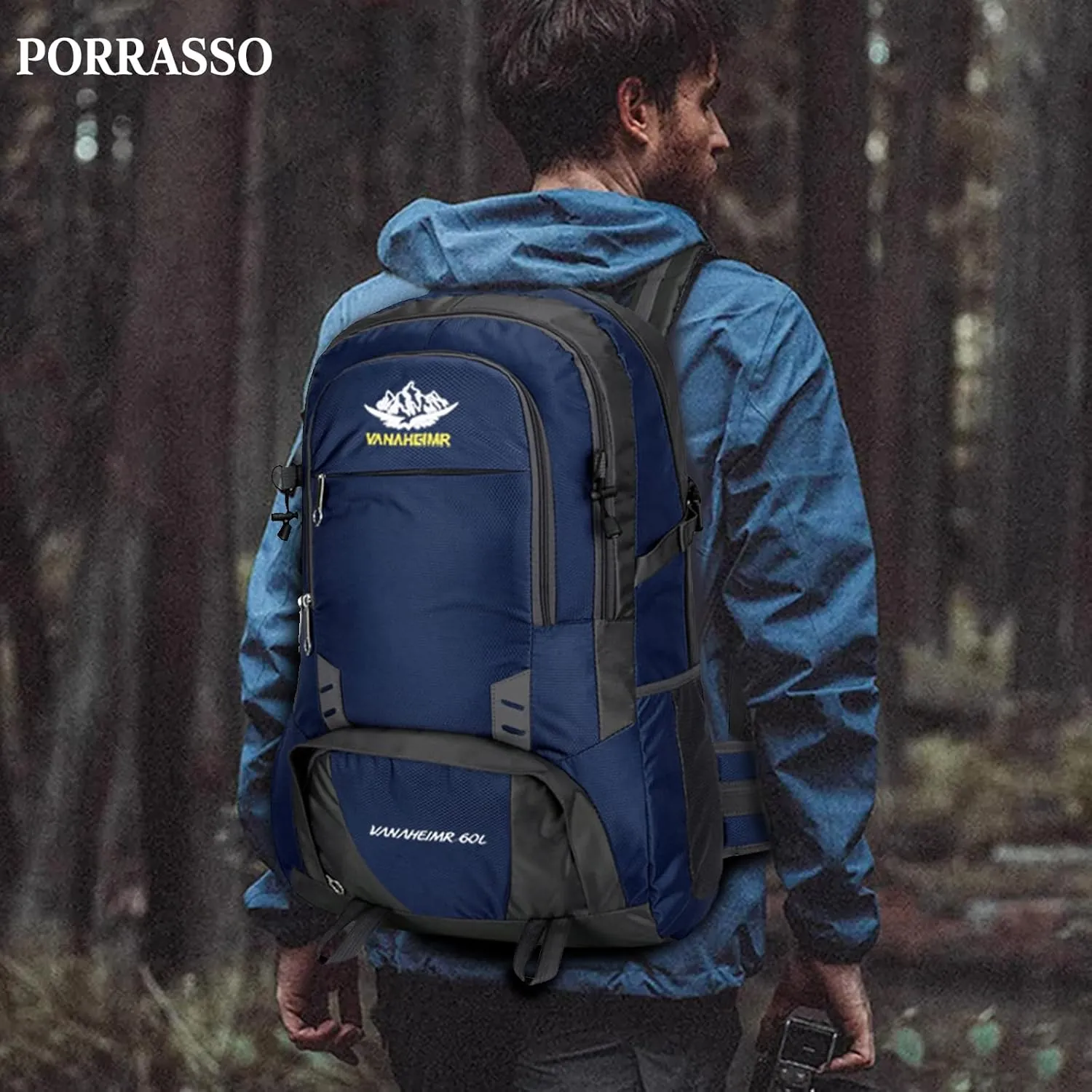 PORRASSO Hiking Backpack 60L Trekking Rucksack Waterproof Daypack Durable Backpack for Women Men Camping Climbing Travel Outdoor Sports Dark Blue