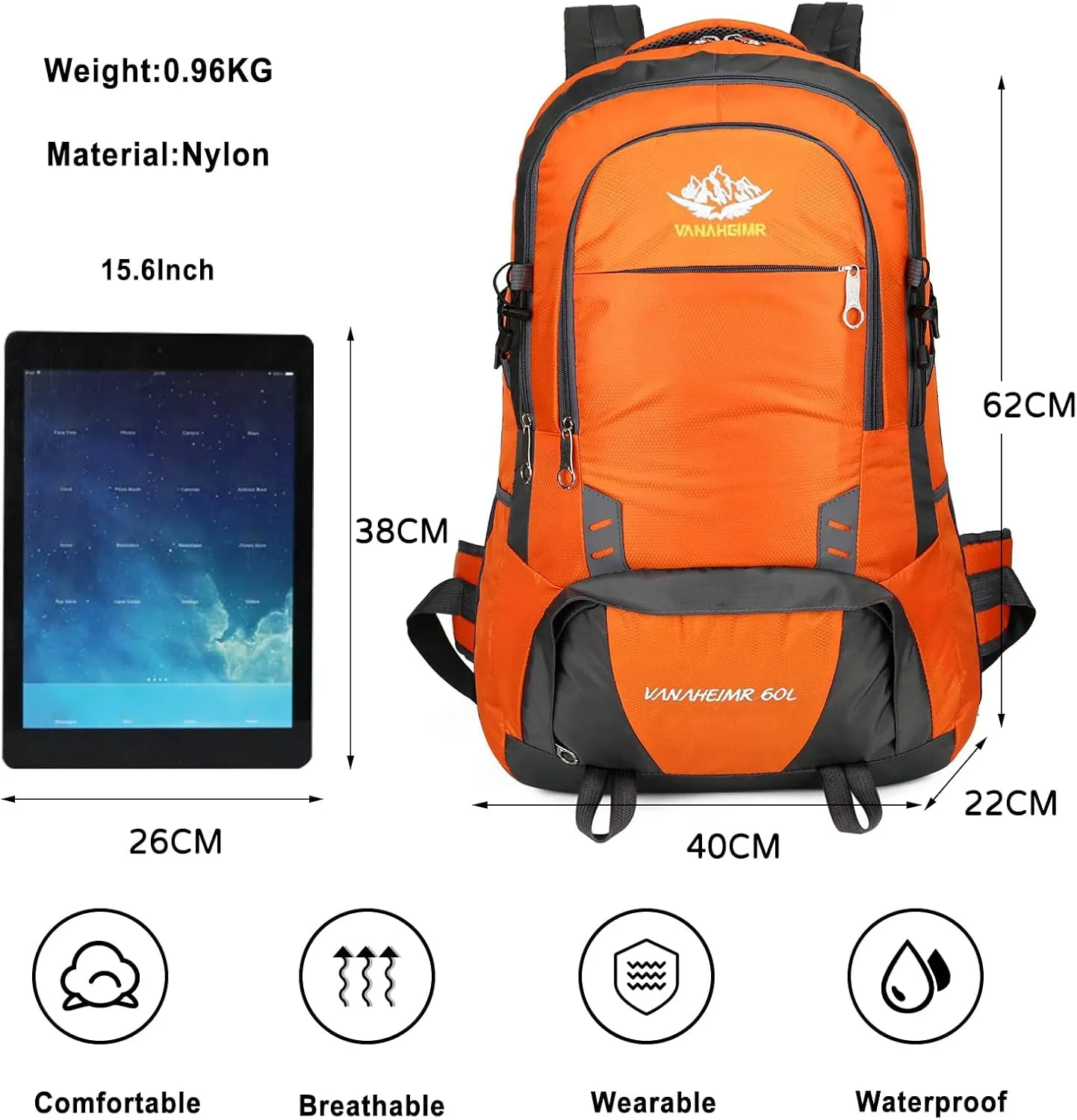 PORRASSO Hiking Backpack 60L Trekking Rucksack Waterproof Daypack Durable Backpack for Women Men Camping Climbing Travel Outdoor Sports Orange