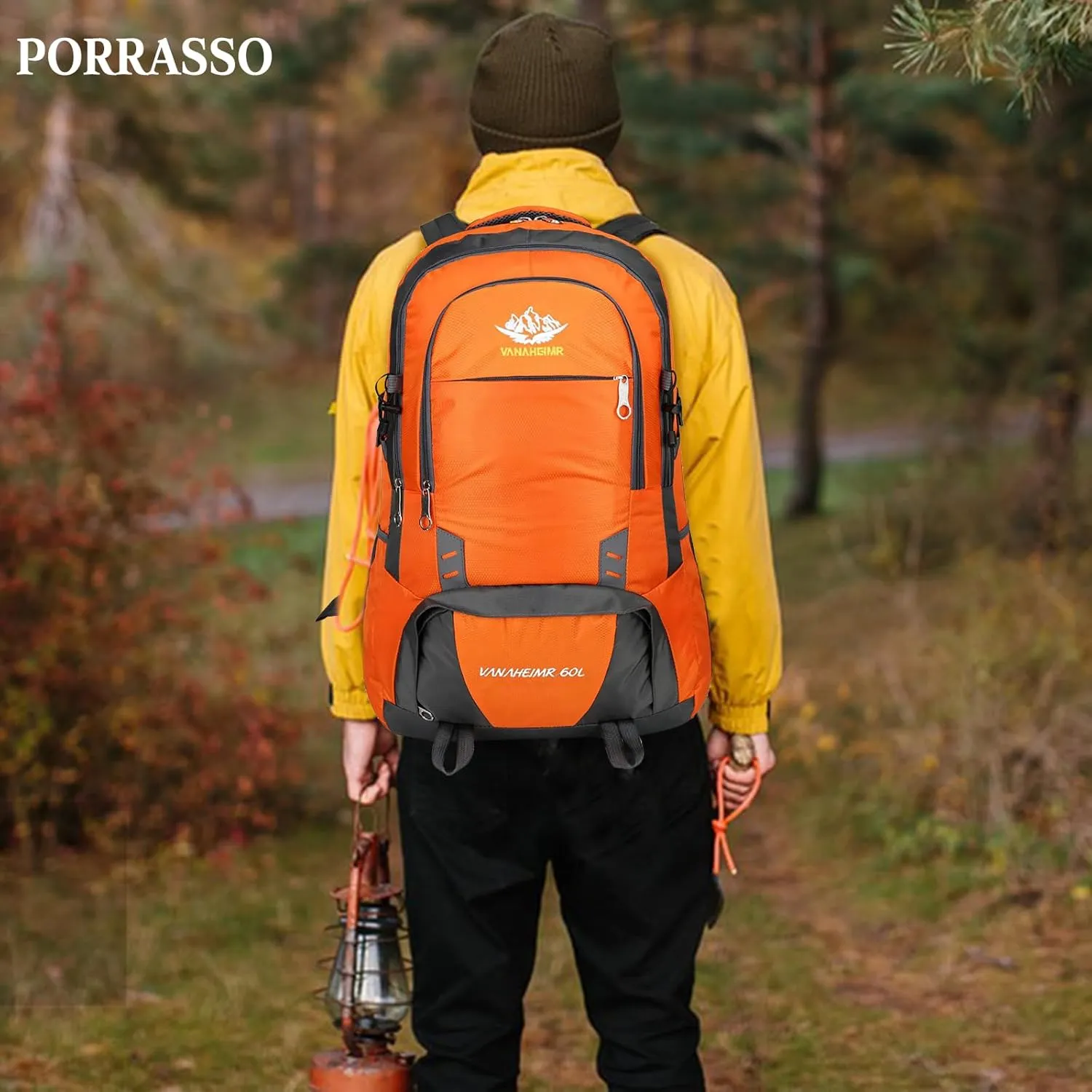 PORRASSO Hiking Backpack 60L Trekking Rucksack Waterproof Daypack Durable Backpack for Women Men Camping Climbing Travel Outdoor Sports Orange