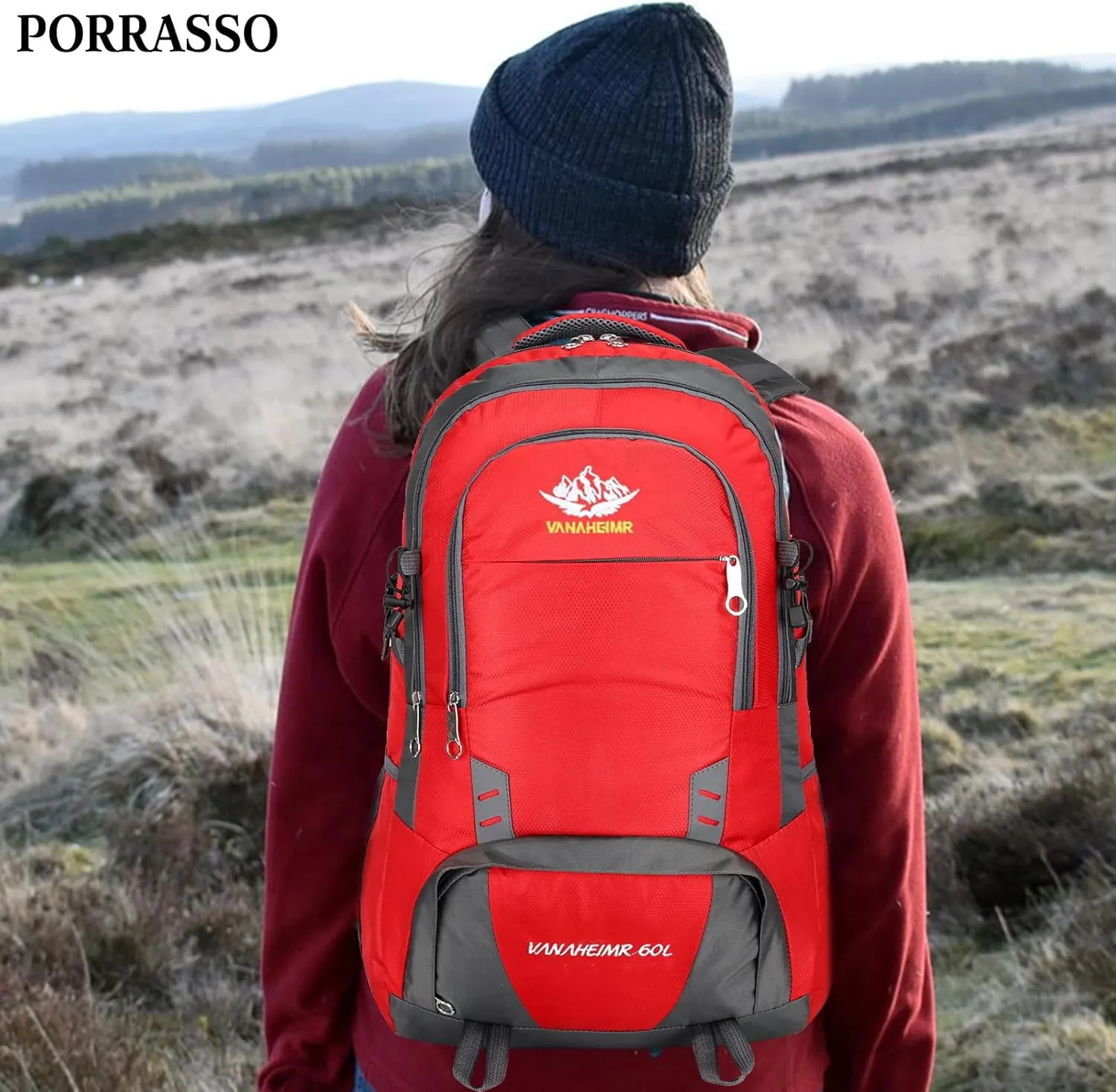 PORRASSO Hiking Backpack 60L Trekking Rucksack Waterproof Daypack Durable Backpack for Women Men Camping Climbing Travel Outdoor Sports Red