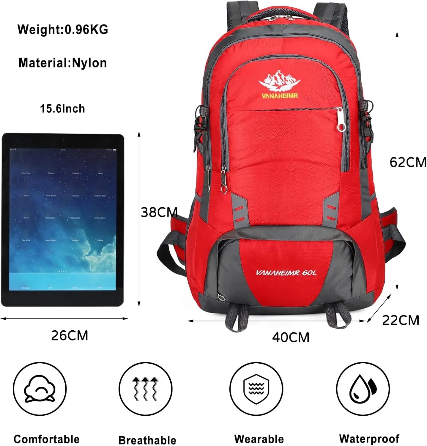 PORRASSO Hiking Backpack 60L Trekking Rucksack Waterproof Daypack Durable Backpack for Women Men Camping Climbing Travel Outdoor Sports Red
