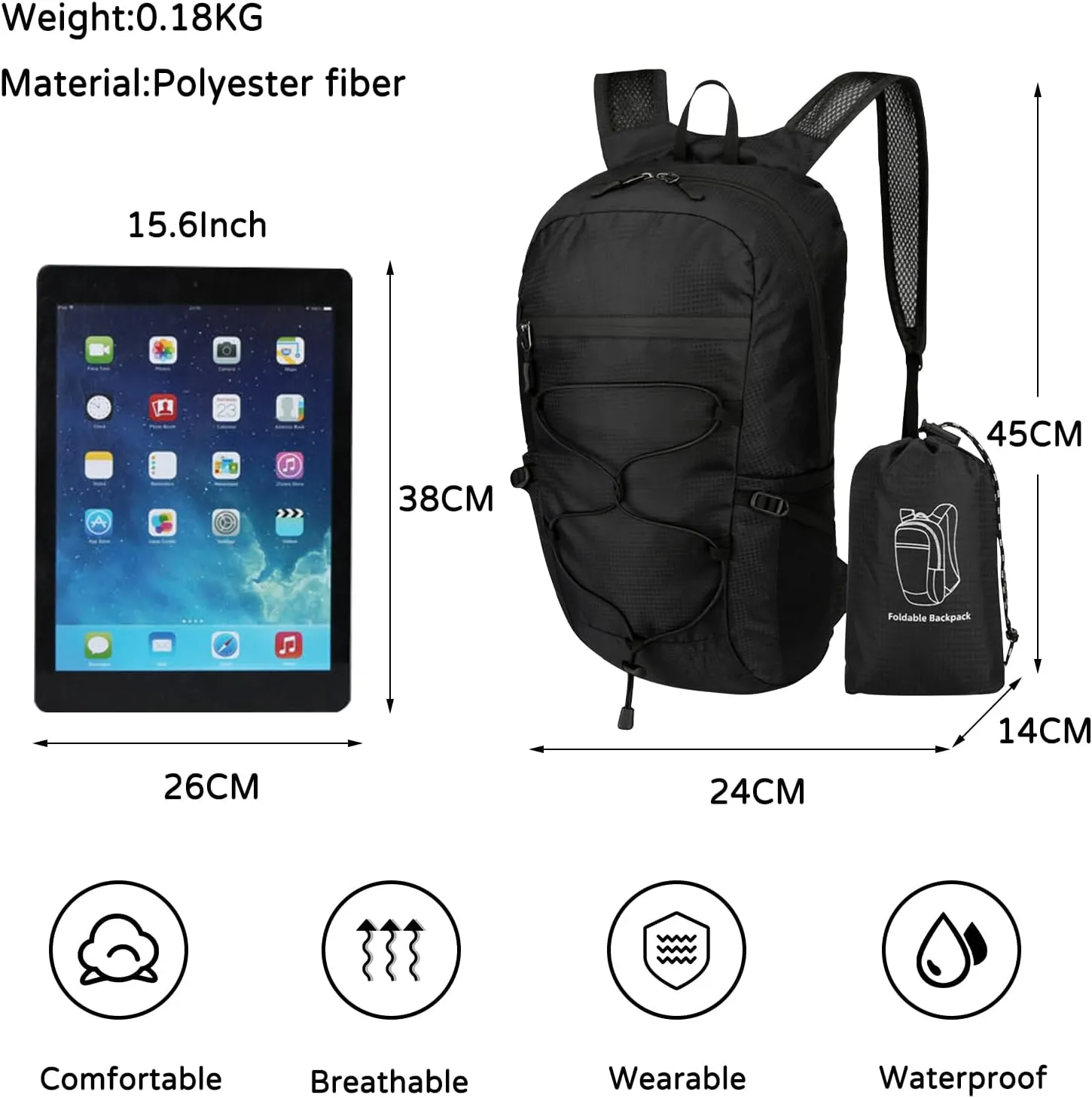 PORRASSO Hiking Backpack Foldable Daypack 19L Waterproof Rucksack Lightweight Backpack for Women Men Camping Trekking Cycling Climbing Outdoor Sports Black