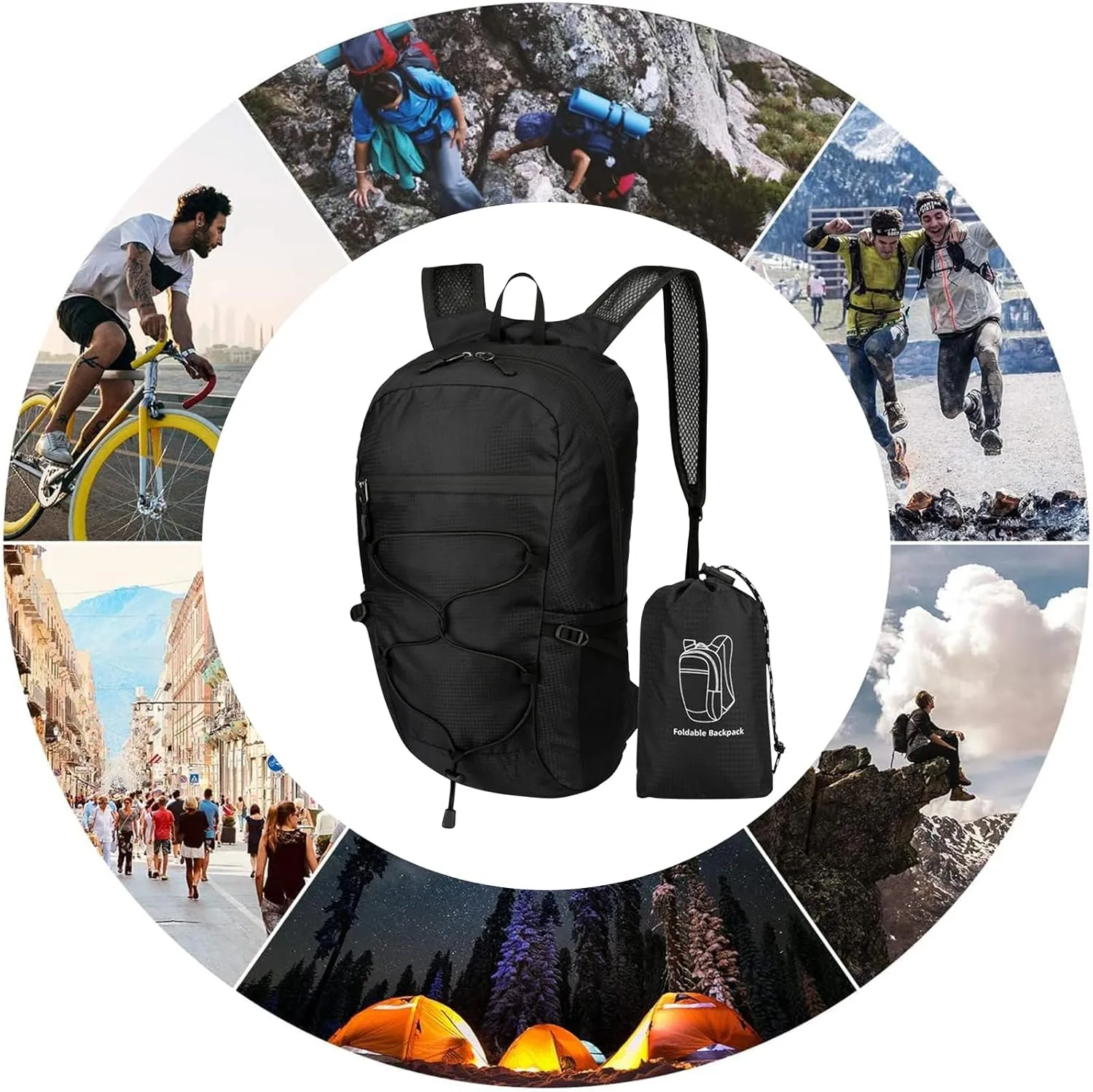 PORRASSO Hiking Backpack Foldable Daypack 19L Waterproof Rucksack Lightweight Backpack for Women Men Camping Trekking Cycling Climbing Outdoor Sports Black
