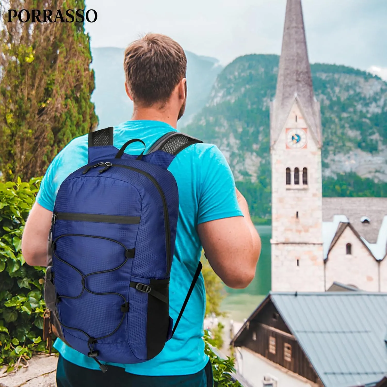 PORRASSO Hiking Backpack Foldable Daypack 19L Waterproof Rucksack Lightweight Backpack for Women Men Camping Trekking Cycling Climbing Outdoor Sports Blue