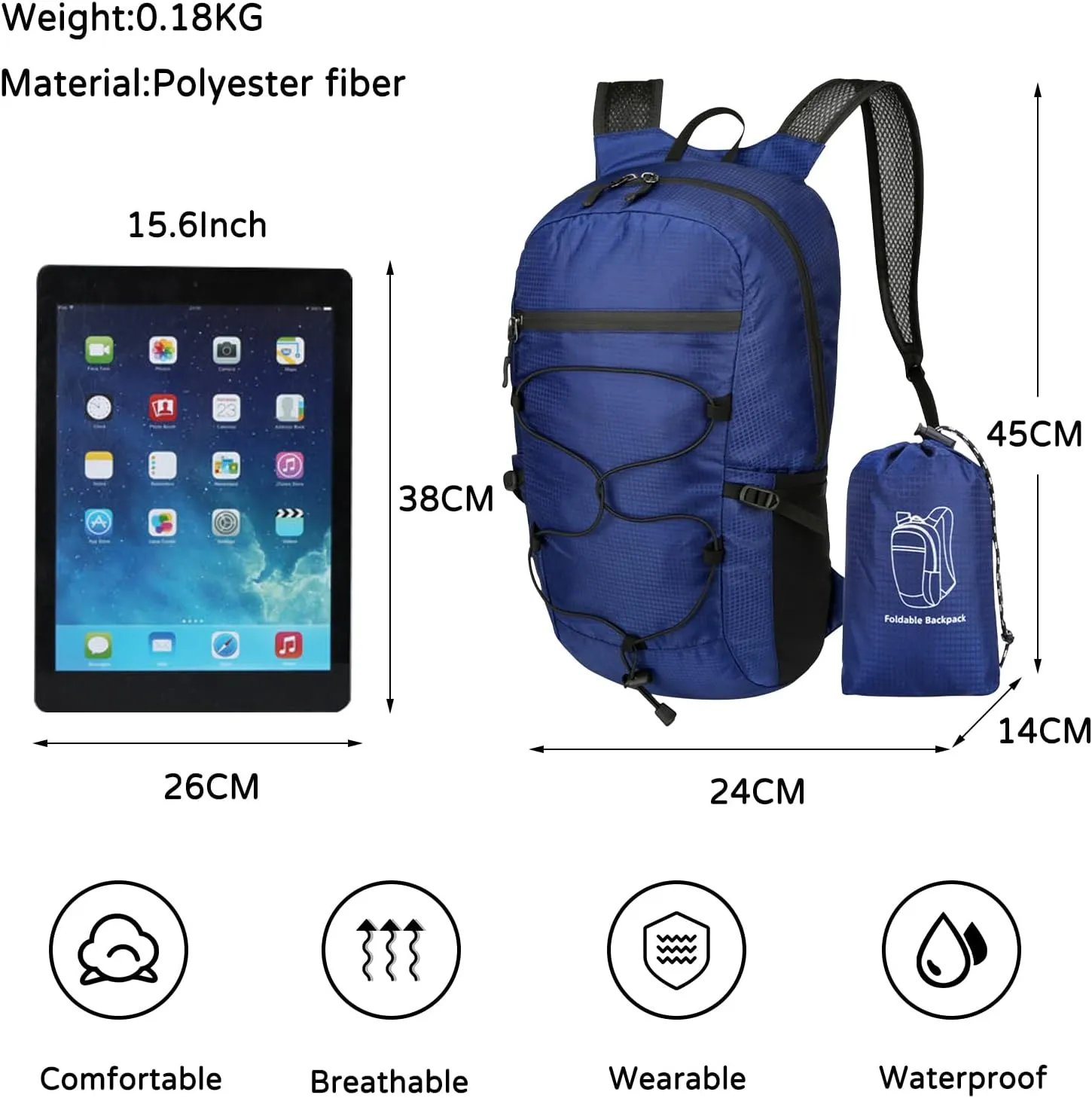 PORRASSO Hiking Backpack Foldable Daypack 19L Waterproof Rucksack Lightweight Backpack for Women Men Camping Trekking Cycling Climbing Outdoor Sports Blue