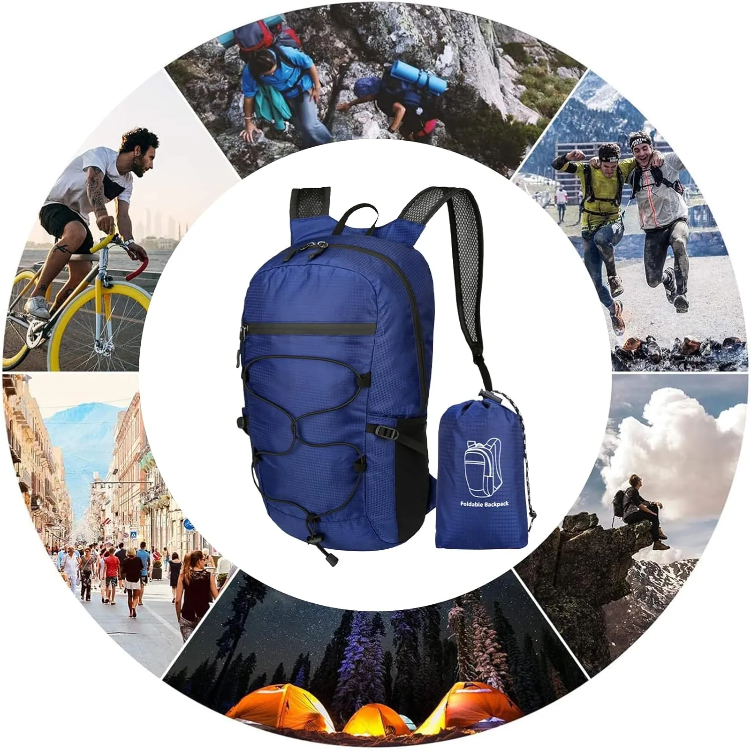 PORRASSO Hiking Backpack Foldable Daypack 19L Waterproof Rucksack Lightweight Backpack for Women Men Camping Trekking Cycling Climbing Outdoor Sports Blue