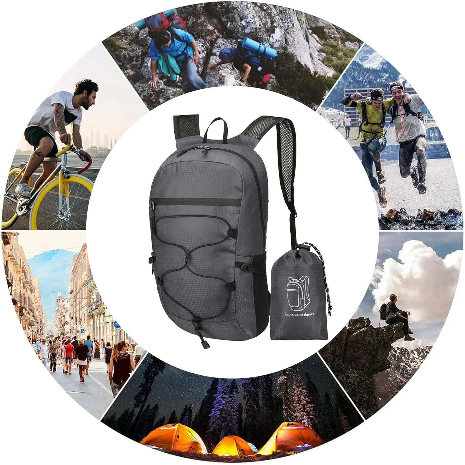 PORRASSO Hiking Backpack Foldable Daypack 19L Waterproof Rucksack Lightweight Backpack for Women Men Camping Trekking Cycling Climbing Outdoor Sports Dark Grey