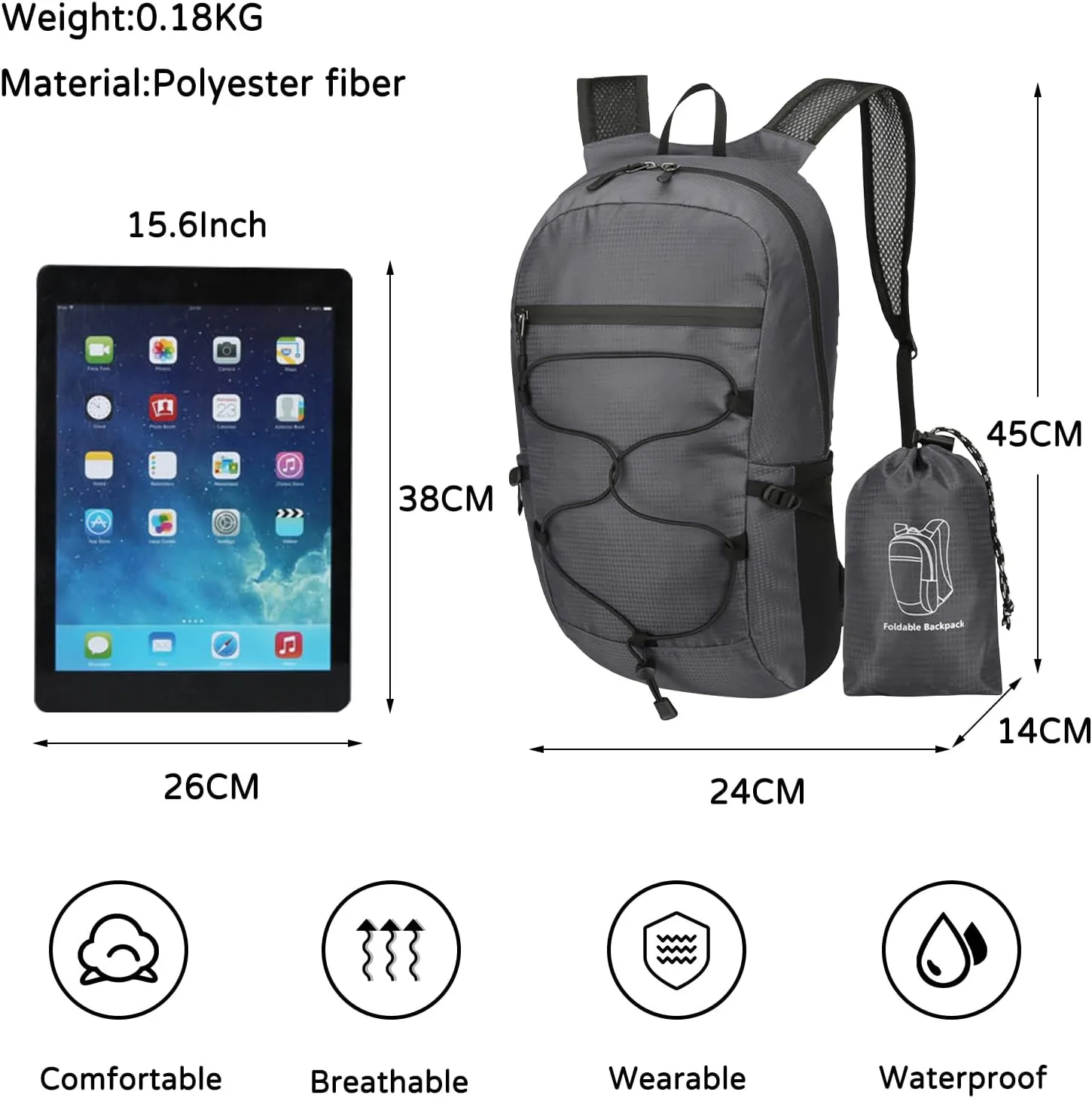 PORRASSO Hiking Backpack Foldable Daypack 19L Waterproof Rucksack Lightweight Backpack for Women Men Camping Trekking Cycling Climbing Outdoor Sports Dark Grey