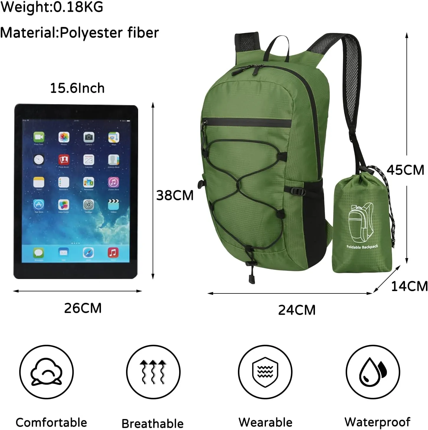 PORRASSO Hiking Backpack Foldable Daypack 19L Waterproof Rucksack Lightweight Backpack for Women Men Camping Trekking Cycling Climbing Outdoor Sports Green