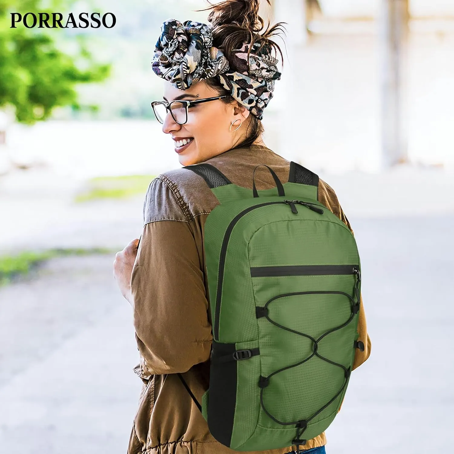 PORRASSO Hiking Backpack Foldable Daypack 19L Waterproof Rucksack Lightweight Backpack for Women Men Camping Trekking Cycling Climbing Outdoor Sports Green