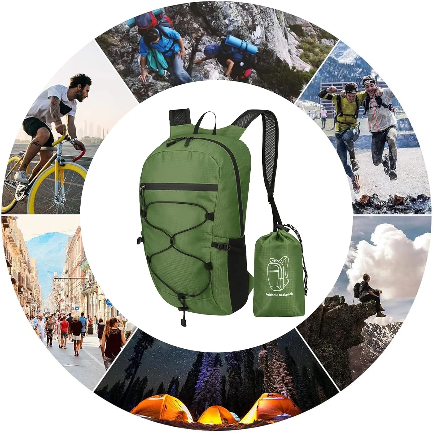 PORRASSO Hiking Backpack Foldable Daypack 19L Waterproof Rucksack Lightweight Backpack for Women Men Camping Trekking Cycling Climbing Outdoor Sports Green