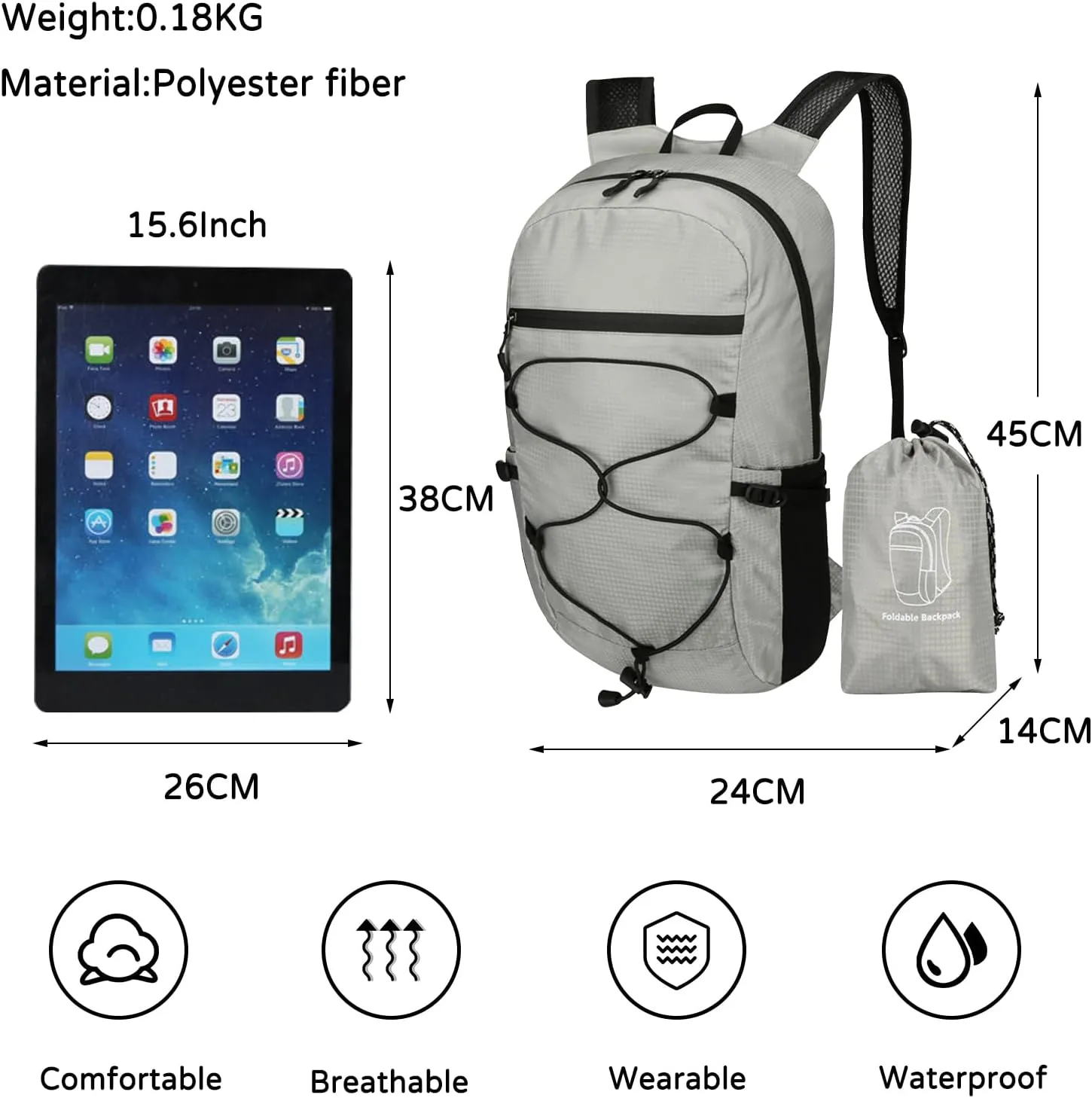 PORRASSO Hiking Backpack Foldable Daypack 19L Waterproof Rucksack Lightweight Backpack for Women Men Camping Trekking Cycling Climbing Outdoor Sports Light Grey
