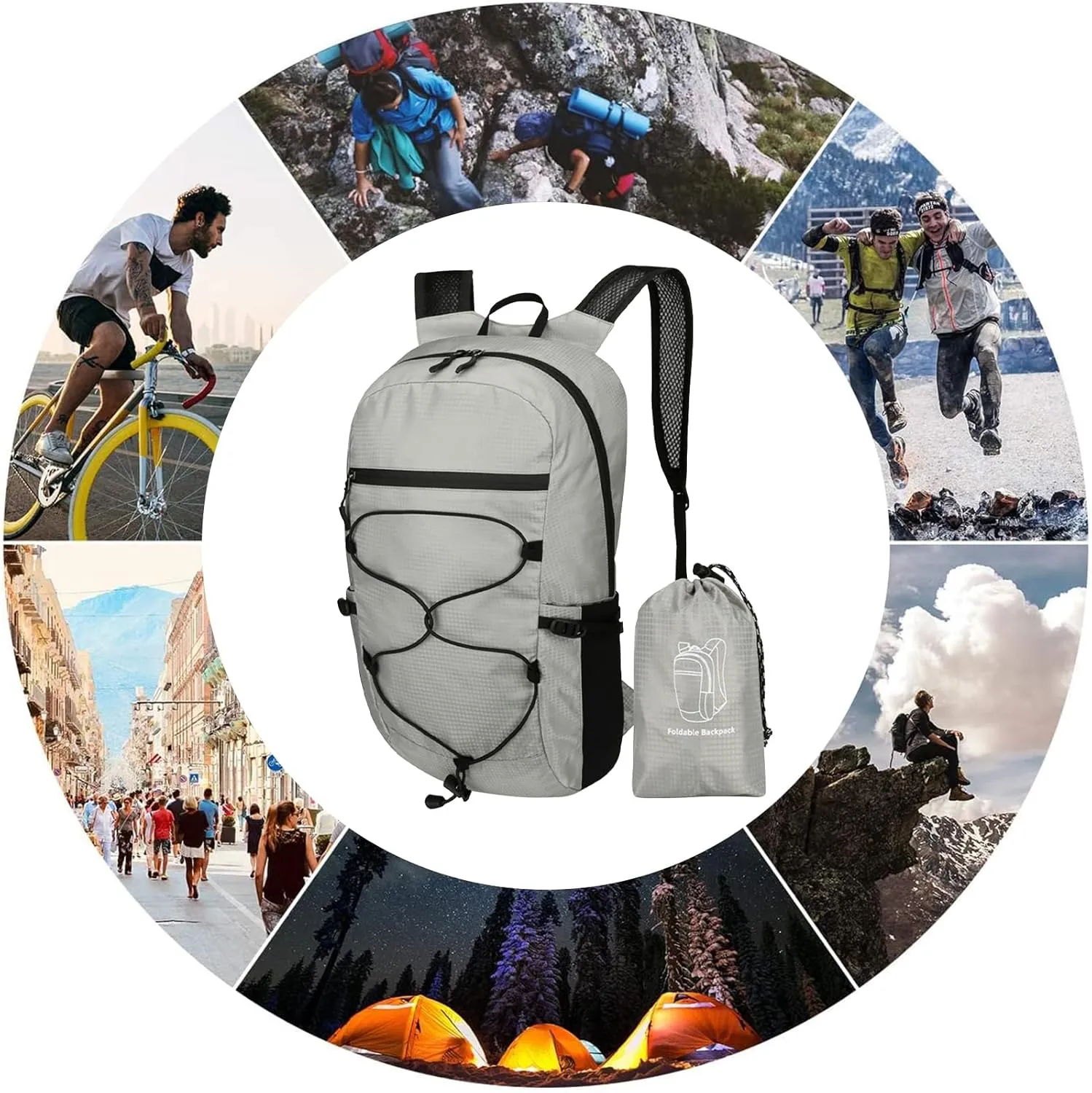 PORRASSO Hiking Backpack Foldable Daypack 19L Waterproof Rucksack Lightweight Backpack for Women Men Camping Trekking Cycling Climbing Outdoor Sports Light Grey