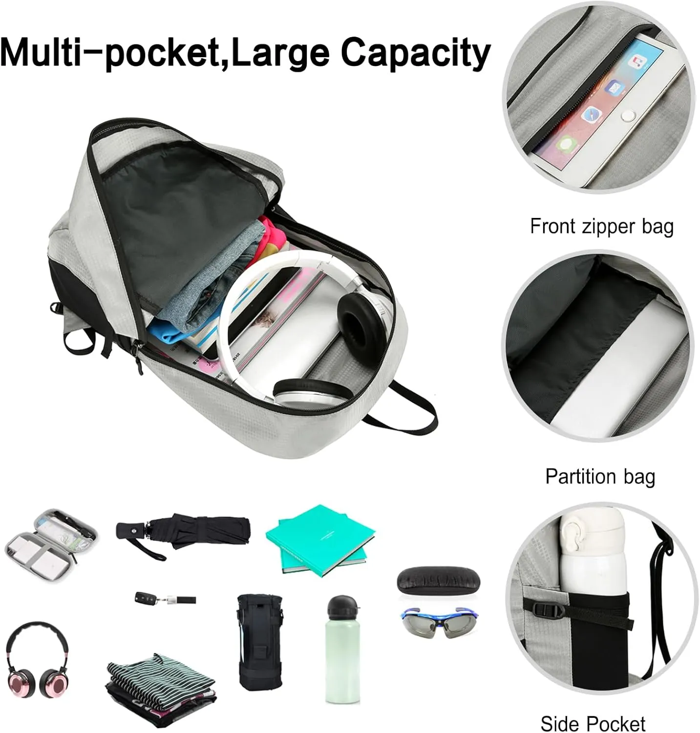 PORRASSO Hiking Backpack Foldable Daypack 19L Waterproof Rucksack Lightweight Backpack for Women Men Camping Trekking Cycling Climbing Outdoor Sports Light Grey