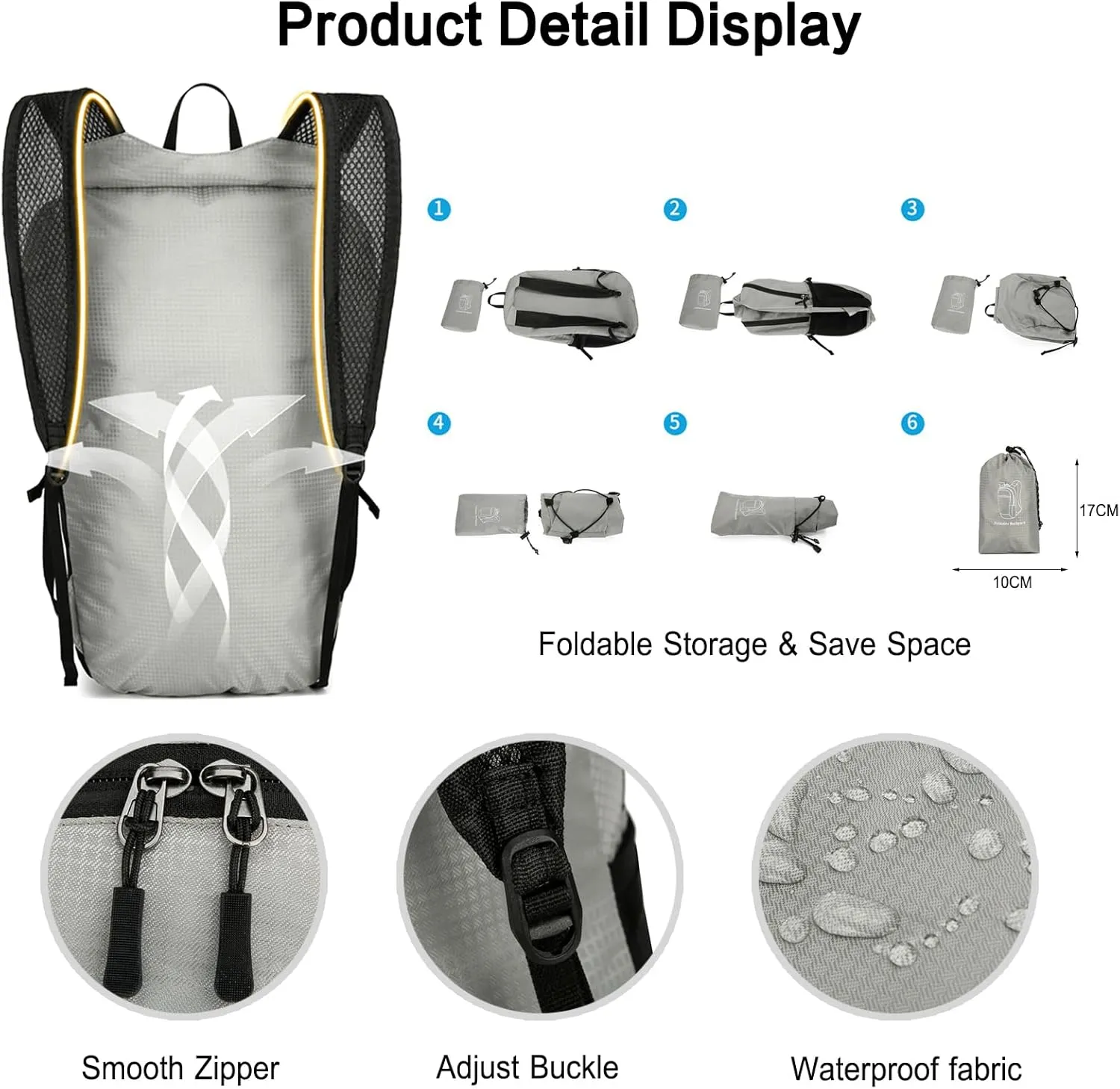 PORRASSO Hiking Backpack Foldable Daypack 19L Waterproof Rucksack Lightweight Backpack for Women Men Camping Trekking Cycling Climbing Outdoor Sports Light Grey