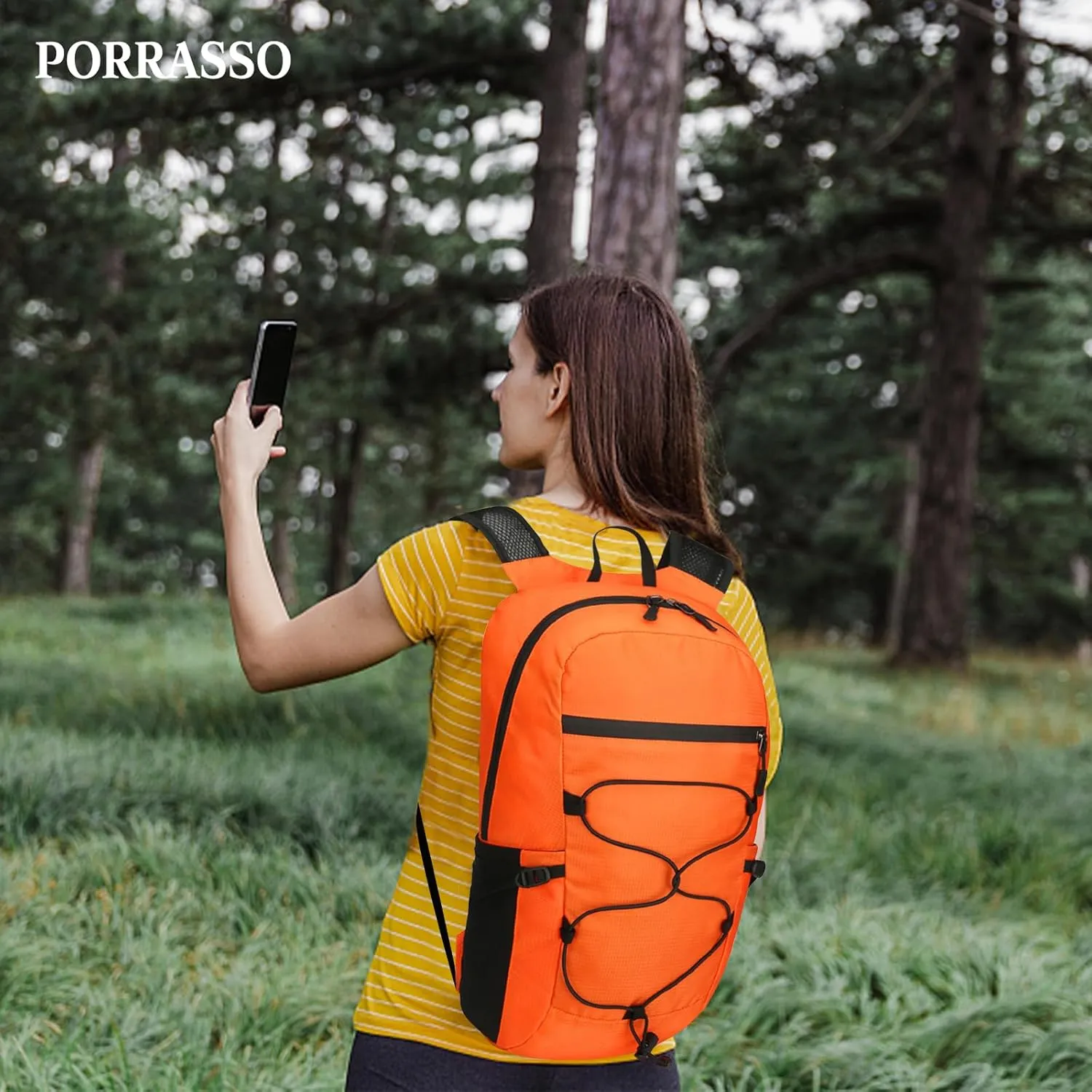 PORRASSO Hiking Backpack Foldable Daypack 19L Waterproof Rucksack Lightweight Backpack for Women Men Camping Trekking Cycling Climbing Outdoor Sports Orange