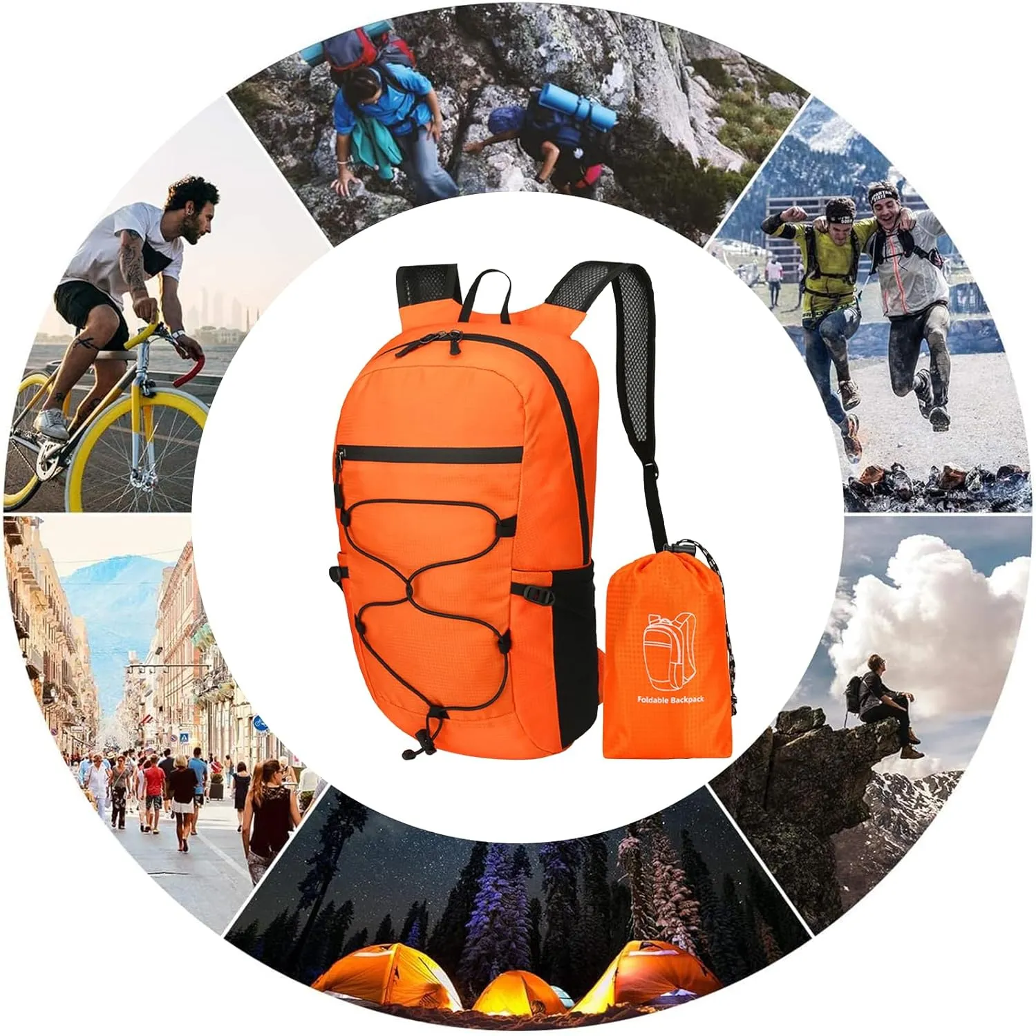 PORRASSO Hiking Backpack Foldable Daypack 19L Waterproof Rucksack Lightweight Backpack for Women Men Camping Trekking Cycling Climbing Outdoor Sports Orange