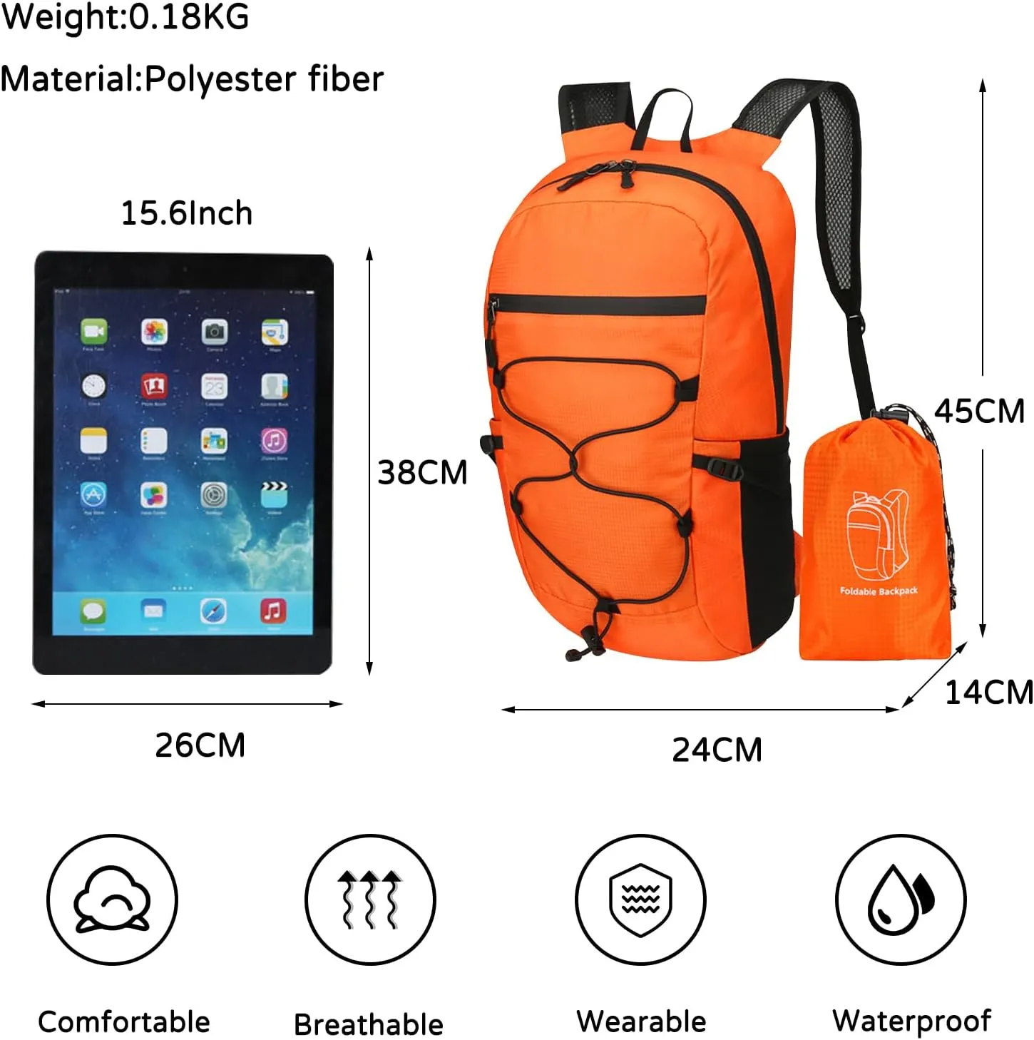 PORRASSO Hiking Backpack Foldable Daypack 19L Waterproof Rucksack Lightweight Backpack for Women Men Camping Trekking Cycling Climbing Outdoor Sports Orange